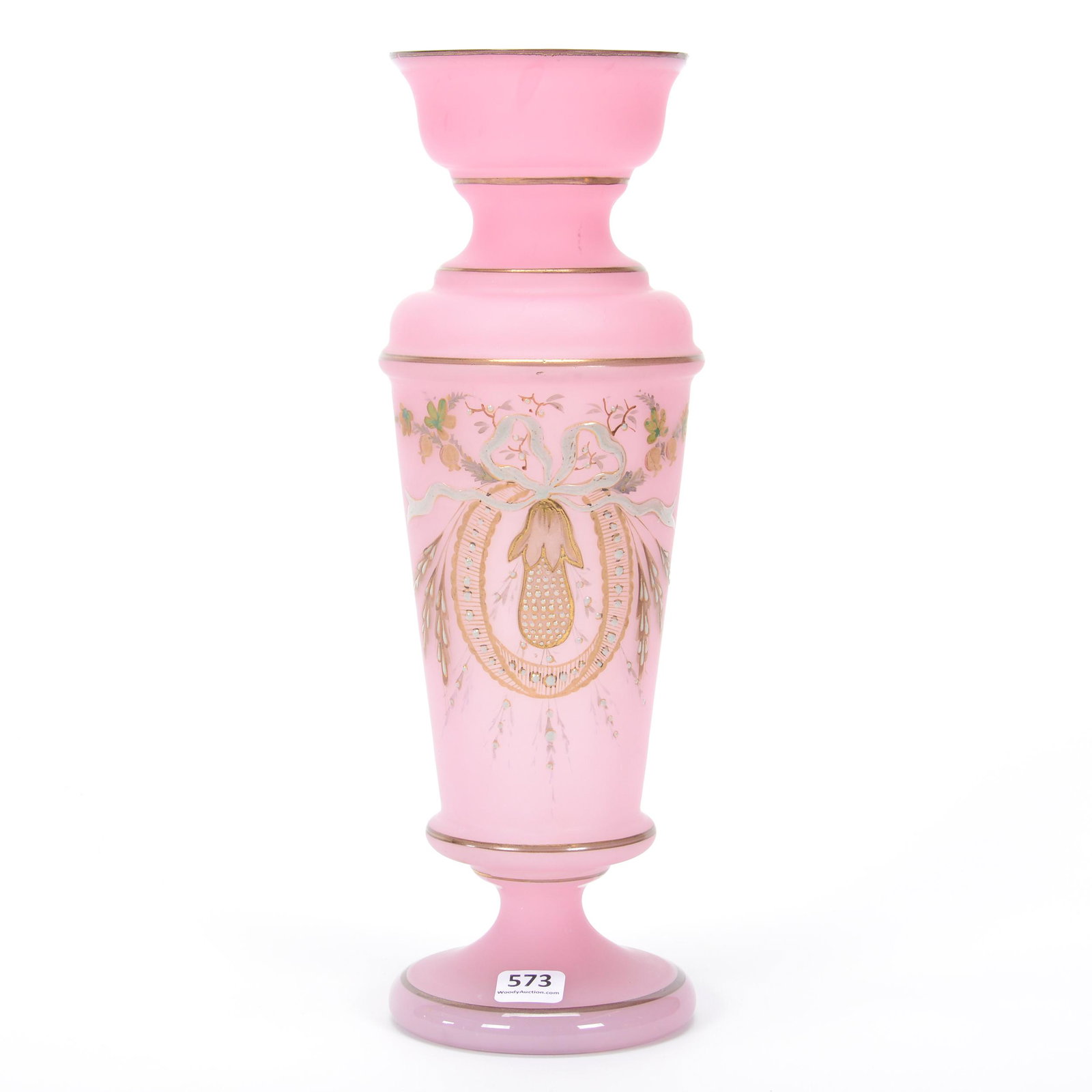 Vase, Pedestal, Pink Opaline Art Glass: Vase, Pedestal, Pink Opaline Art Glass, 12.5" x 4.25", Enamel Floral Decor, Gold Trim Highlights, Private Collection, NY.