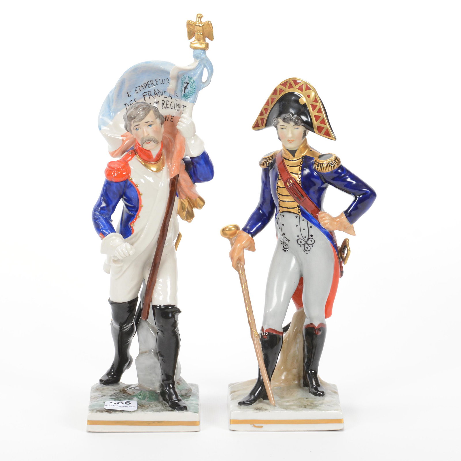 (2) German Porcelain Figurines: (2) German Porcelain Figurines, Marked Friedrich Wilhelm Wessel, Circa 1949-1964, (1) 11" Labeled Napoleon Fahnentrager 1812, Carrying Regimental Flag, (1) 9.25" Labeled Franz Tambour 1806, Private Co