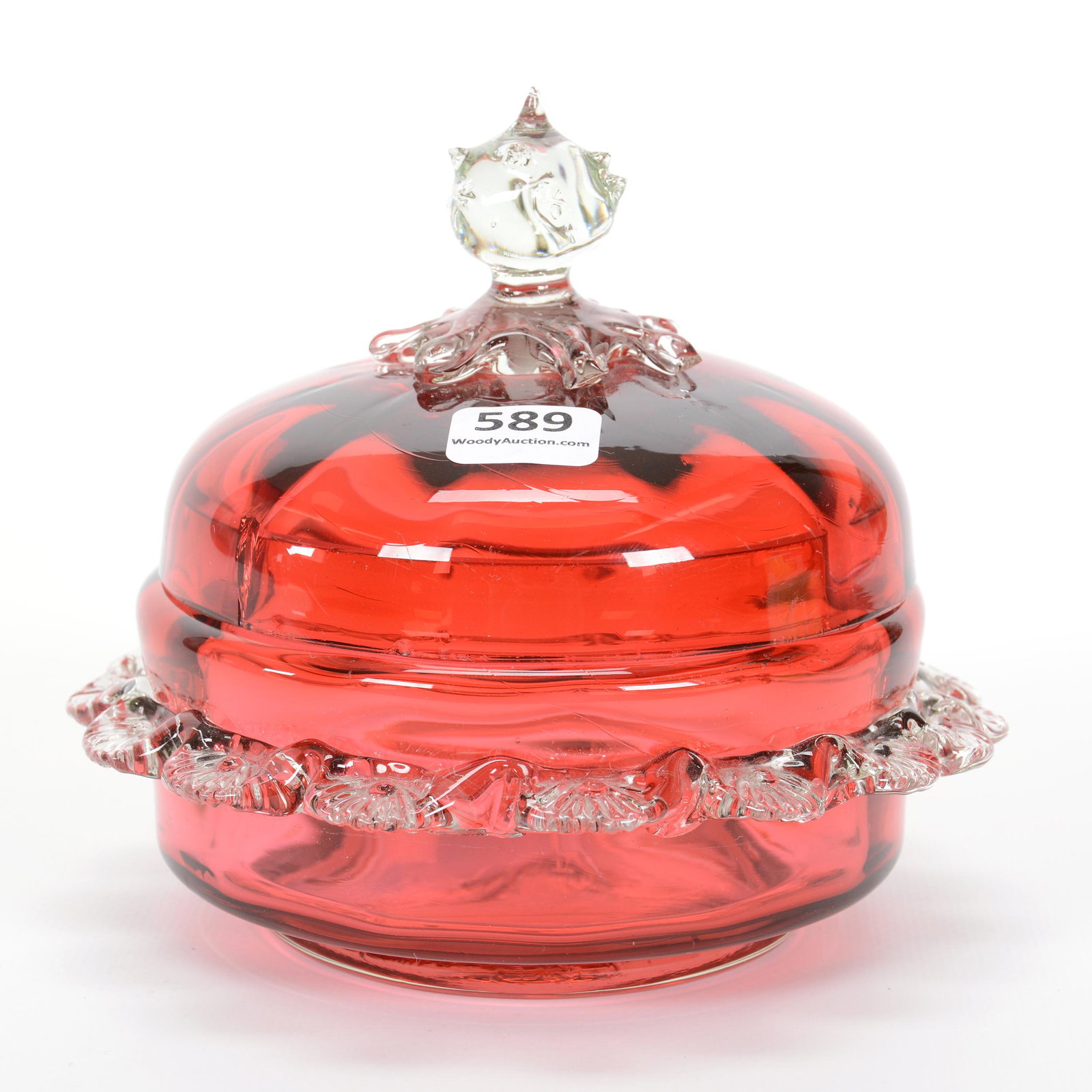 Covered Dish, Cranberry Art Glass: Covered Dish, Cranberry Art Glass, 5.25" x 5.5", Clear Applied Rigoree Trim And Finial, Private Collection, NY.