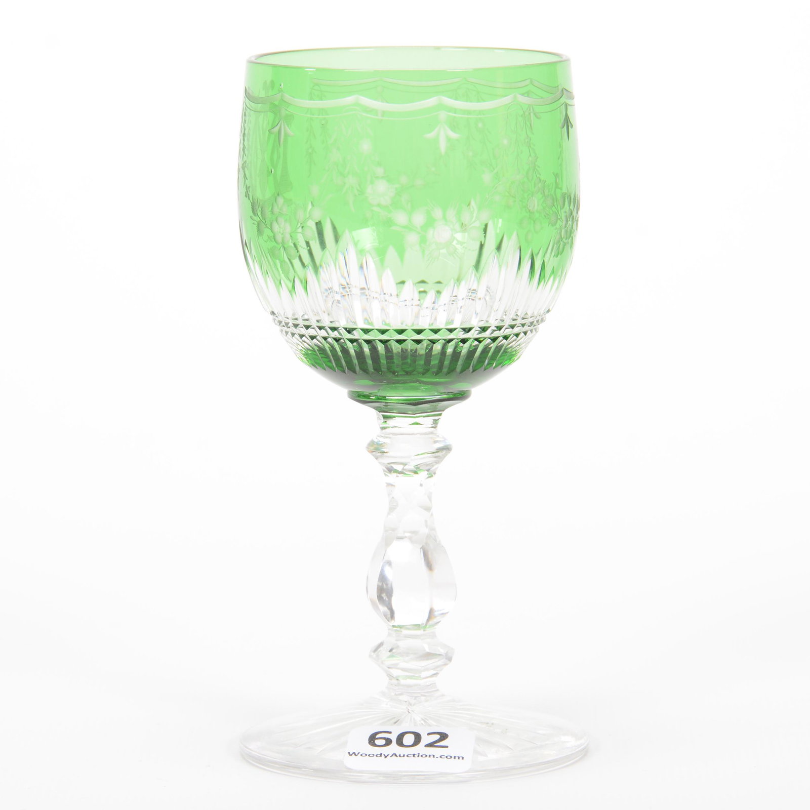 Wine Stem, ABCG, Green Cut To Clear: Wine Stem, American Brilliant Cut Glass, Green Cut To Clear, 4.875" x 2.25", Pattern Resembles Renaissance By Dorflinger With Elaborate Engraved Decor And Elaborate Monogram, Private Collection, KS.