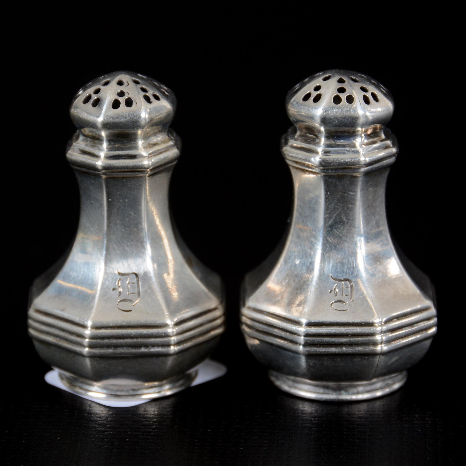 Pair Individual Gorham #A10045 Sterling Salts: Pair Individual Gorham #A10045 Sterling Salts, 1.75" x 1.25", Also Monogram Of "D", Private Collection, KS.