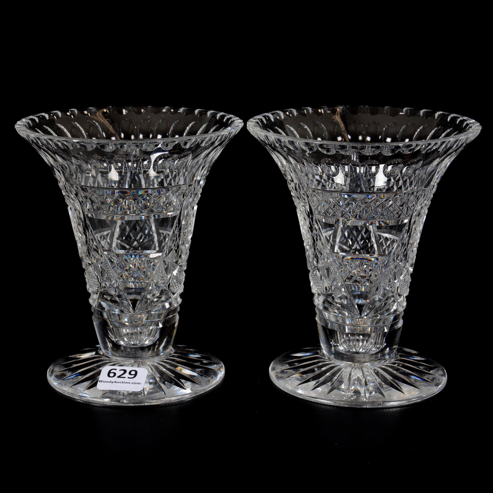 Pair Vases Signed Webb Clear Crystal: Pair Vases Signed Webb Clear Crystal, 5" x 4.25", Geometric Design, Ray Cut Foot, Private Collection, NY.