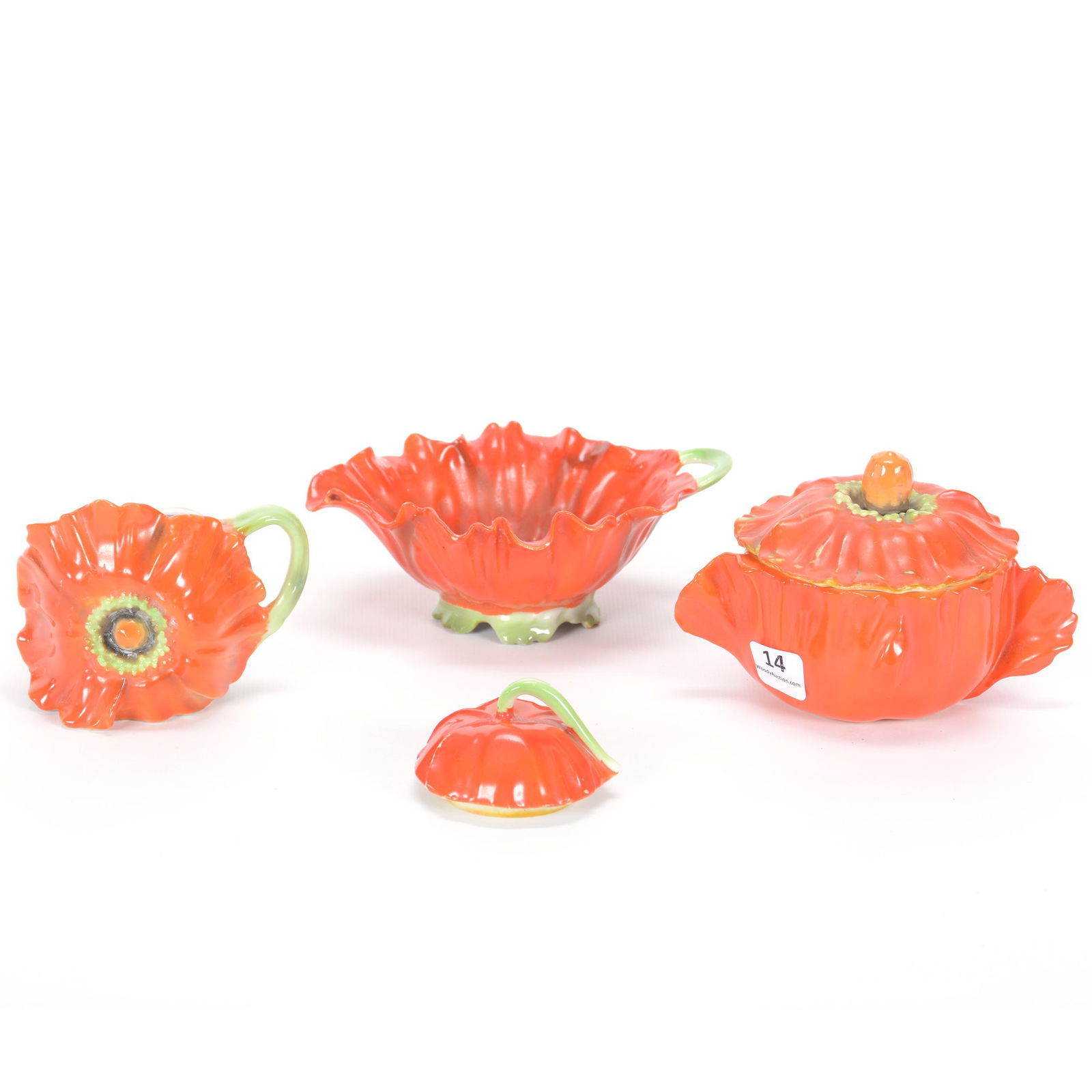 (4) Red Poppy Items, Royal Bayreuth: (4) Red Poppy Items, Royal Bayreuth, (1) 3.25" x 5", Covered Jar, Germany Mark, (1) 3" Mustard Jar, No Lid, Royal Bayreuth Blue Mark, (1) 5.75" Gravy Boat, Royal Bayreuth Blue Mark, (1) 2.5" Lid With