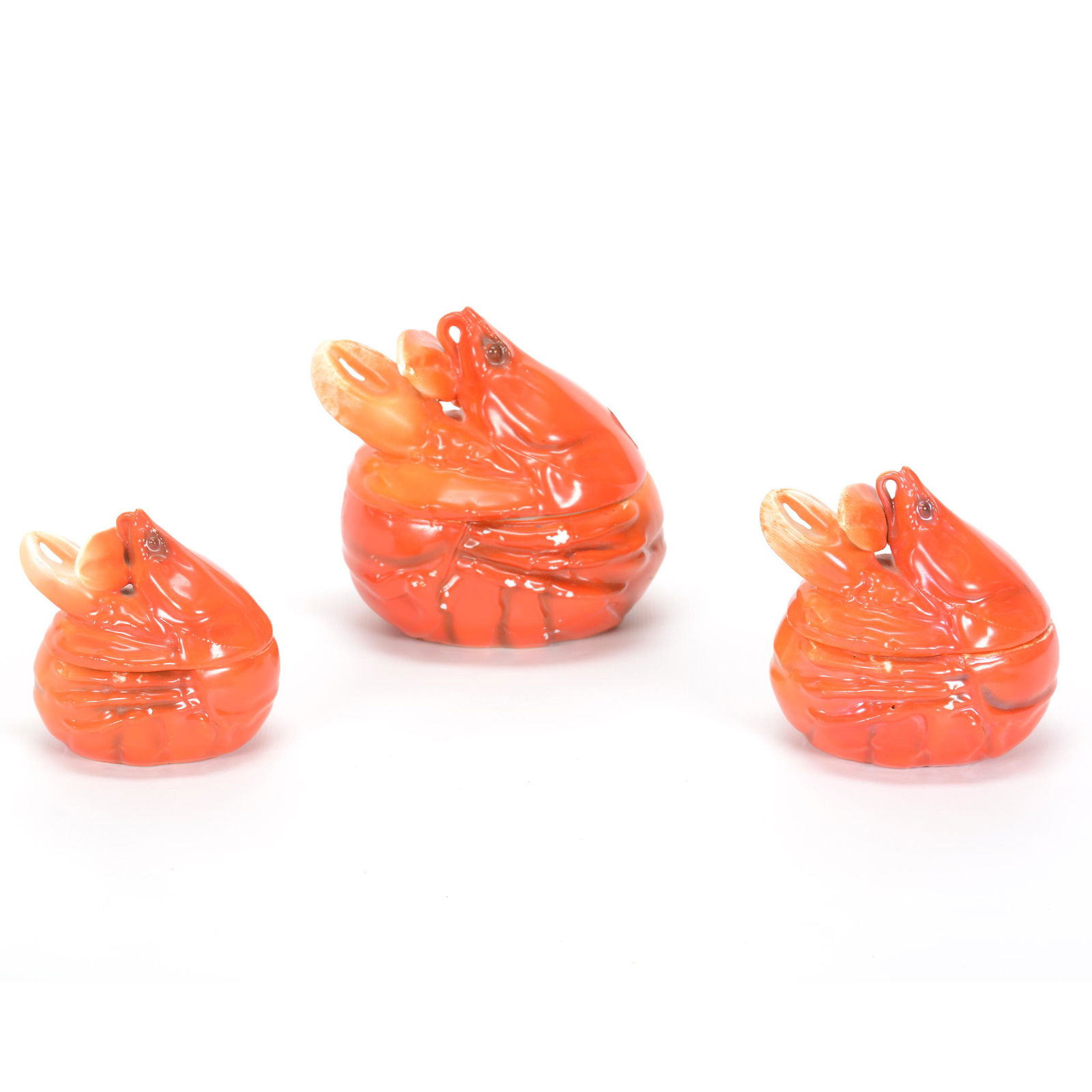 (3) Covered Jars Marked Royal Bayreuth, Red Lobster: (3) Covered Jars Marked Royal Bayreuth, Red Lobster, Some Paint Wear On All, (1) 4.75", Blue Mark, (1) 3.75", Blue Mark, (1) 3.25", Green Mark, Private Estate Collection, TX