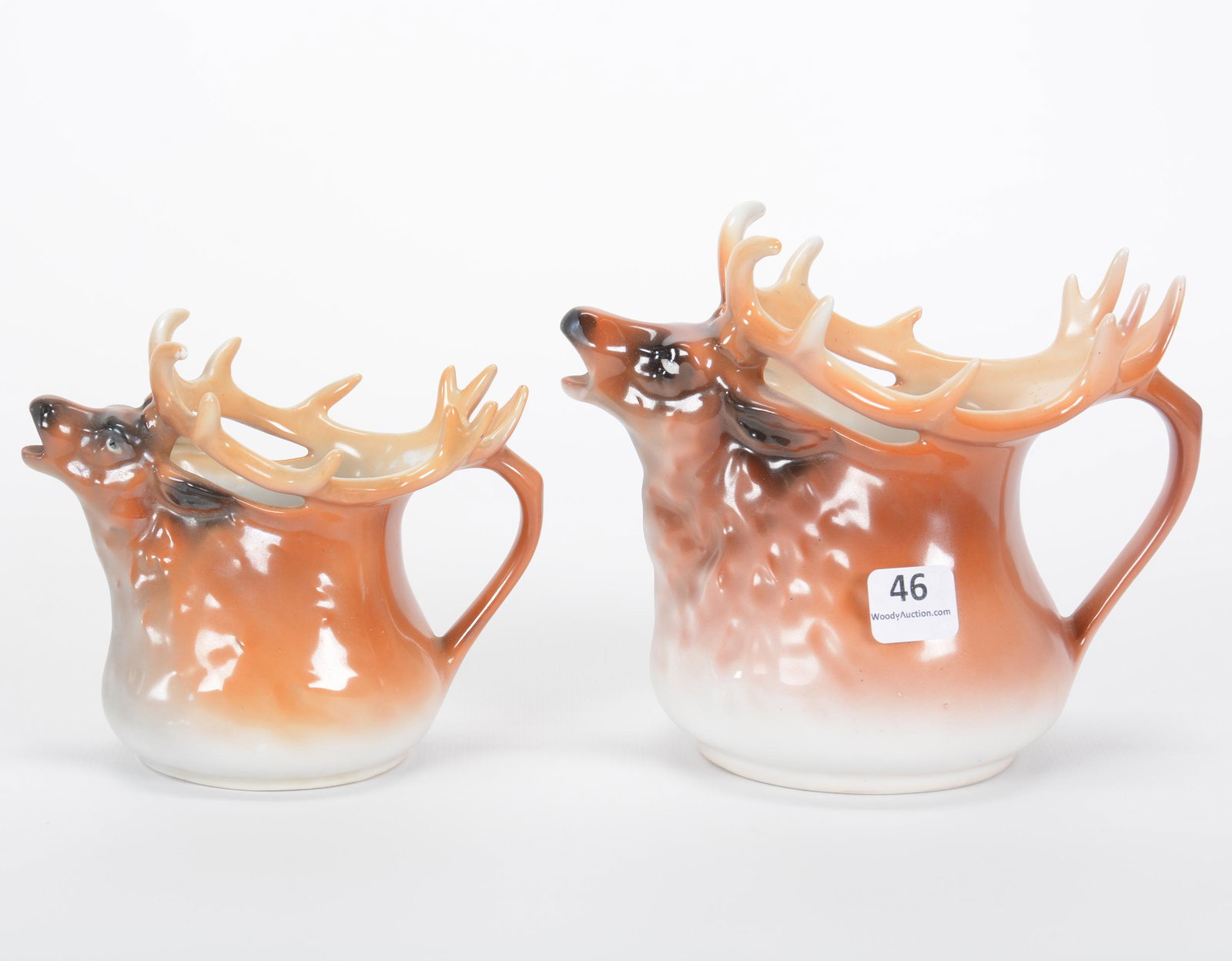 (2) Elk Pitchers, Royal Bayreuth Mark: (2) Elk Pitchers Marked Royal Bayreuth, (1) 5.25" Milk Pitcher, Green Mark, One Antler Point Has Hard To See Chip (1) 4.5", Blue Mark, Private Estate Collection, TX
