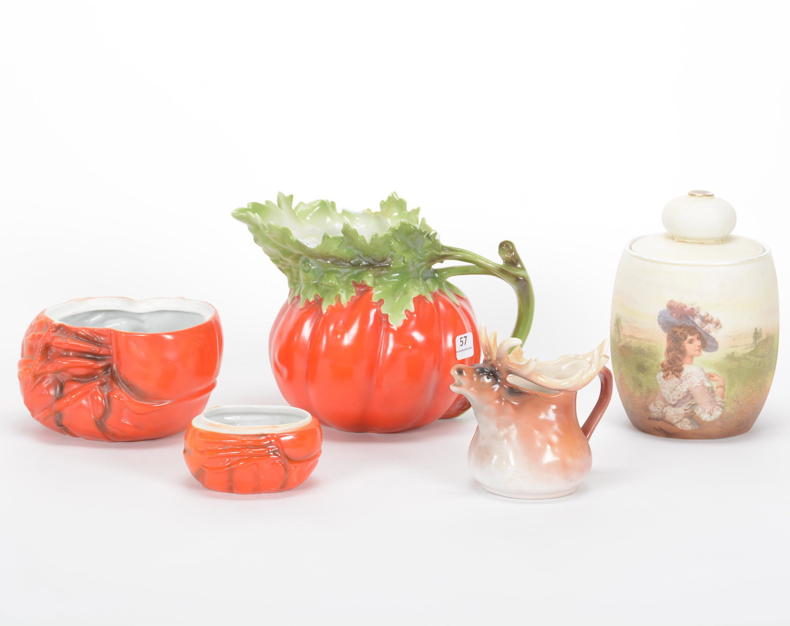 (5) Royal Bayreuth Items, Damaged Or No Lids: (5) Royal Bayreuth Items, Damaged Or No Lids, (1) 6.25" Water Pitcher, Tomato, Sizeable Rim Chips, (1) 7" Humidor, Gibson Girl, Tapestry Finish, Knob Finial Has Been Broken Off & Needs Repair, (1) 4.2