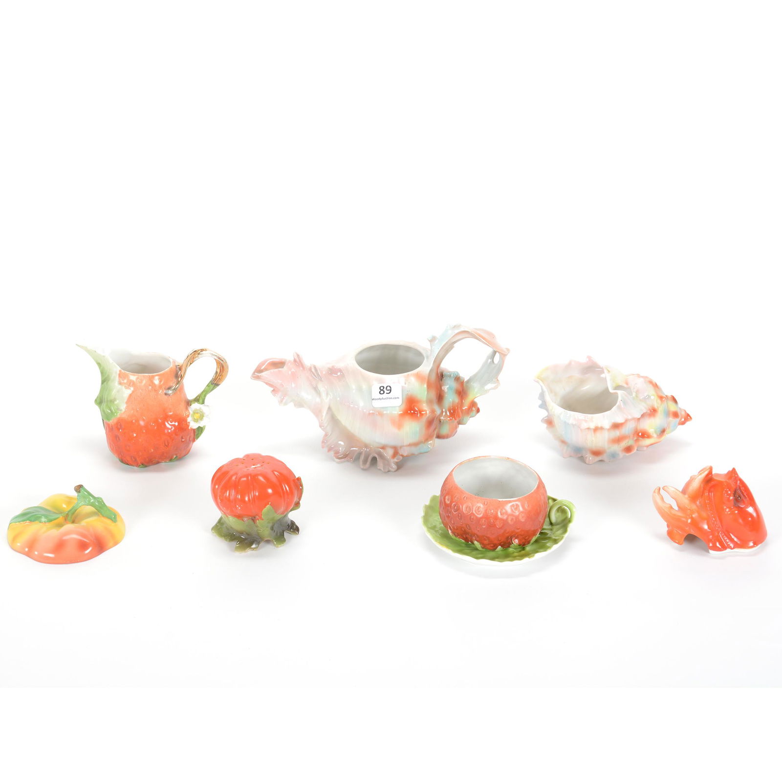 (7) Assorted Royal Bayreuth Items: (7) Assorted Royal Bayreuth Items, (1) 4.25" Shell Tea Pot, No Lid, (1) 3.75" Strawberry Creamer, (1) 2.25" Open Sugar, Shell, (1) 2.5" Tomato Shaker, (1) Strawberry Cup & Saucer, (1) 2.5" Lobster Mus