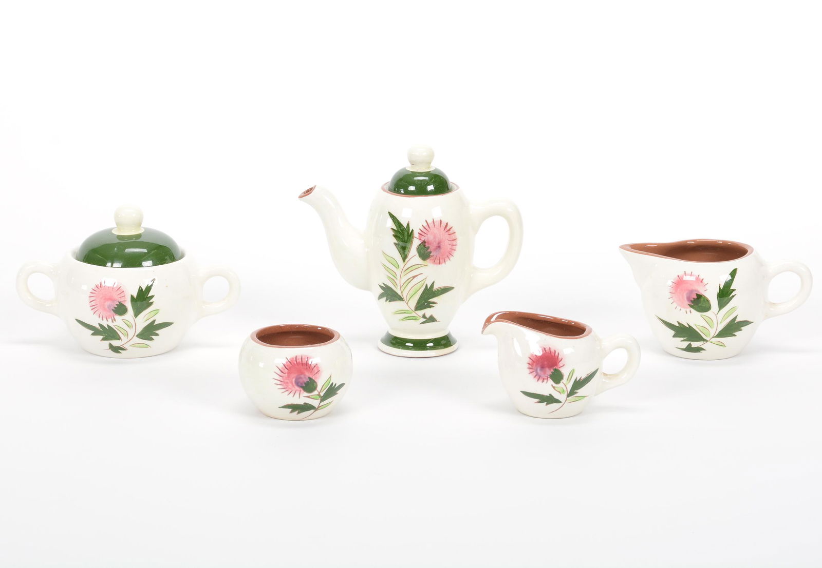 Stangl Pottery (3) Pc. Child's Tea Set, Thistle: Stangl Pottery (3) Pc. Child's Tea Set, Thistle, (1) 5.5" x 6", Teapot, Matching Creamer And Open Sugar, Selling With Standard Size Creamer & Covered Sugar, Private Estate Collection, TX