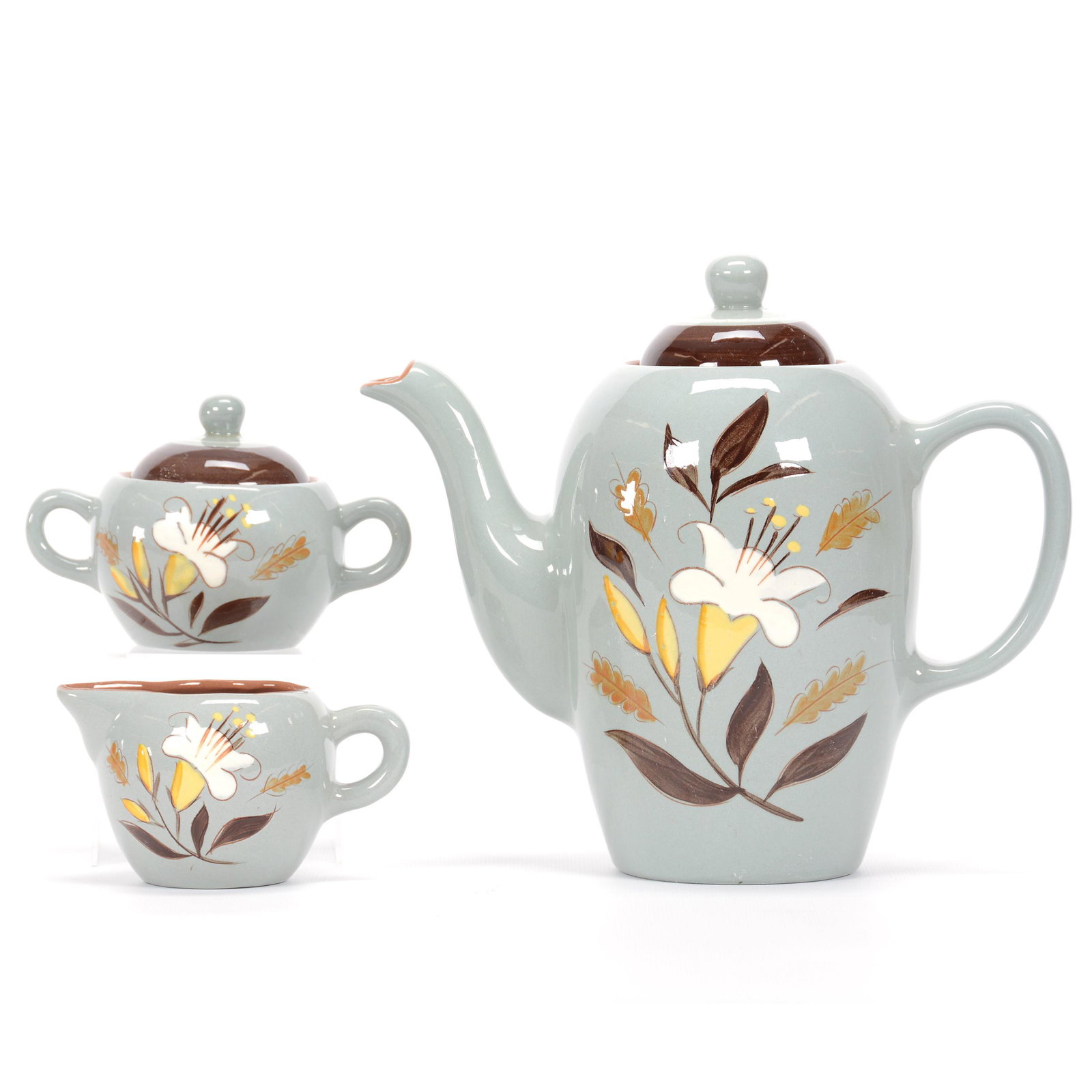 (3) Pc. Stangl Pottery Tea Set, Golden Harvest: (3) Pc. Stangl Pottery Tea Set, Golden Harvest, (1) 9" x 10.5" Teapot With Matching Creamer And Covered Sugar, Private Estate Collection, TX