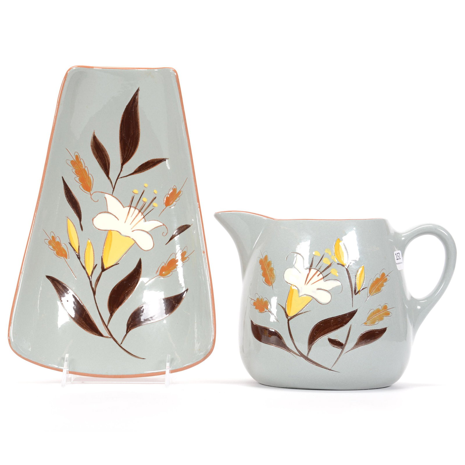 (2) Stangl Pottery Items, Golden Harvest Pattern: (2) Stangl Pottery Items, Golden Harvest Pattern, (1) 6.25" x 8.5" Pitcher, Ice Lip, (1) 11.25" x 7.25" Tray, Private Estate Collection, TX