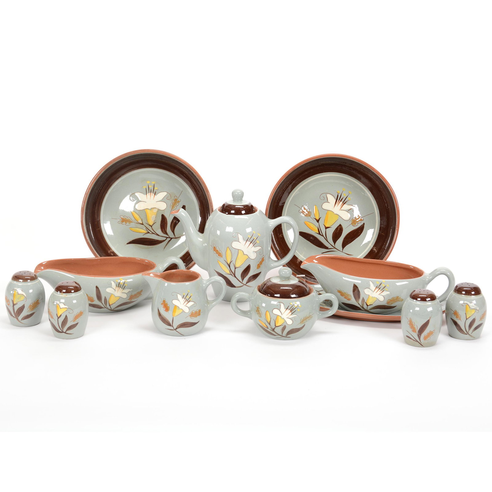 (12) Stangl Pottery Items, Golden Harvest Pattern: (12) Stangl Pottery Items, Golden Harvest Pattern, (1) 6.5" x 7.5" Teapot, Sizeable Outside Spout Chip, Creamer & Covered Sugar, Lid Has Significant Repair, (4) Salt & Pepper Shakers, (2) 2.5" x 8" Bo
