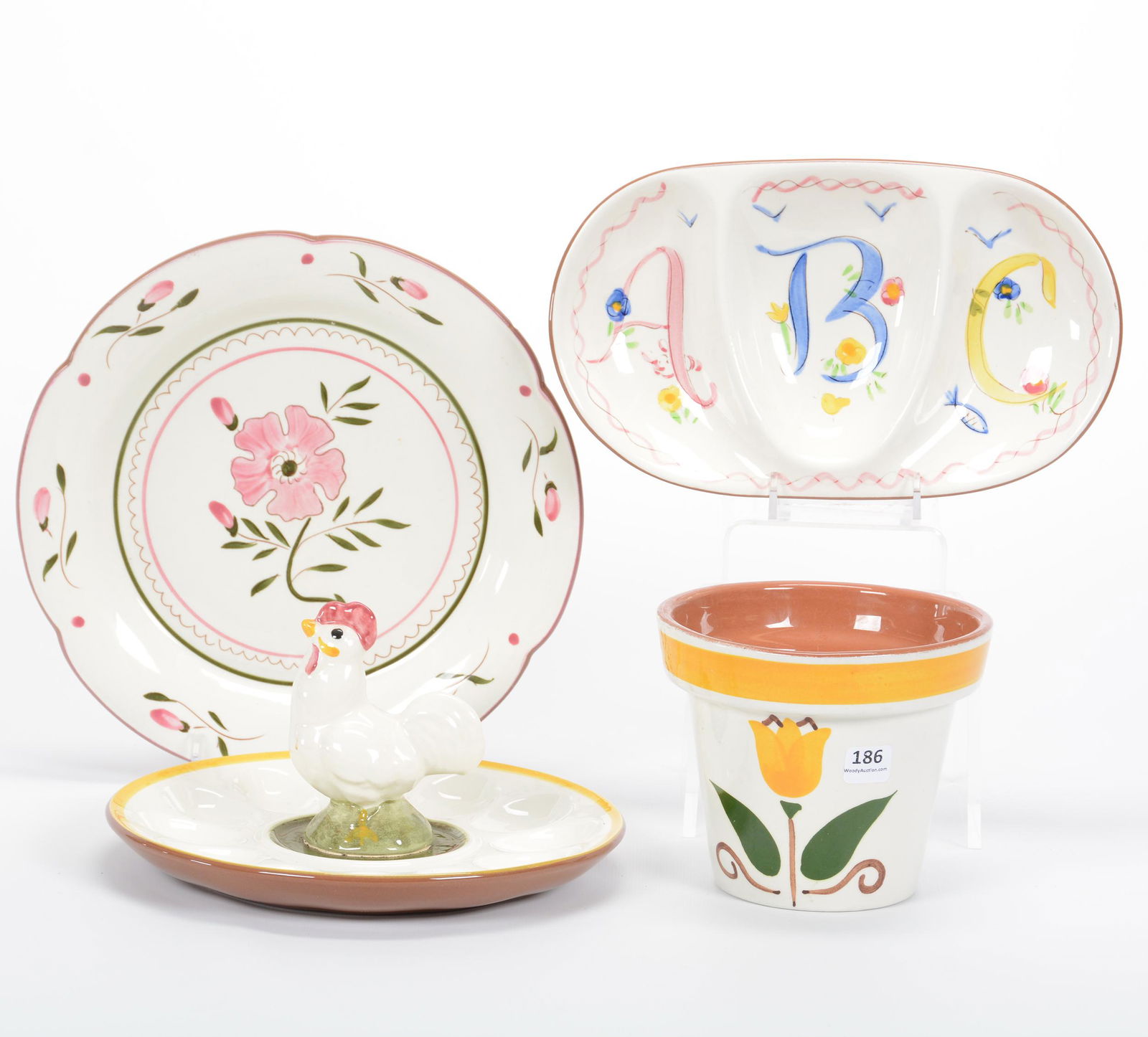(4) Stangl Pottery Items, Assorted: (4) Stangl Pottery Items, Assorted, (1) 10.5" Plate, Colonial Rose Pattern, Chip (1)5" x 9" Egg Plate With Rooster, (1) 10.25" x 6" Divided Bowl, Kiddie Ware ABC, (1) 5" x 6" Flower Pot, Similar To Ye