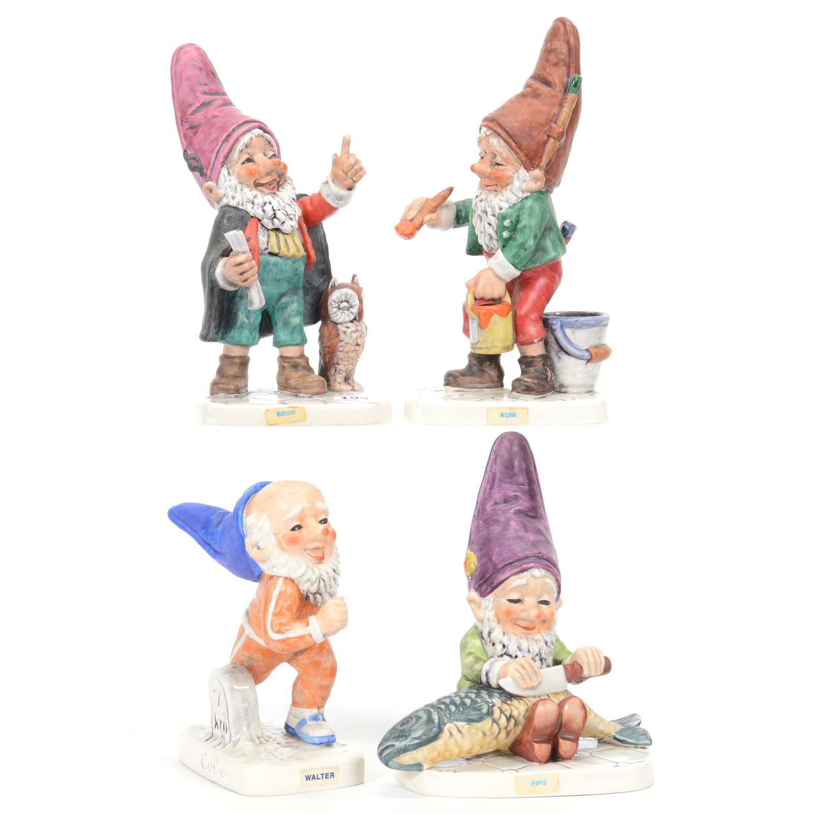 (4) Goebel Gnome Figurines, Circa 1970-1987: (4) Goebel Gnome Figurines, Circa 1970-1987, (1) 7.75" Kuni Well #515, (1) 7.5" Brum Well #512, (1) 6.25" Fits Well #508, (1) 5.75" Walter, Private Estate Collection, TX