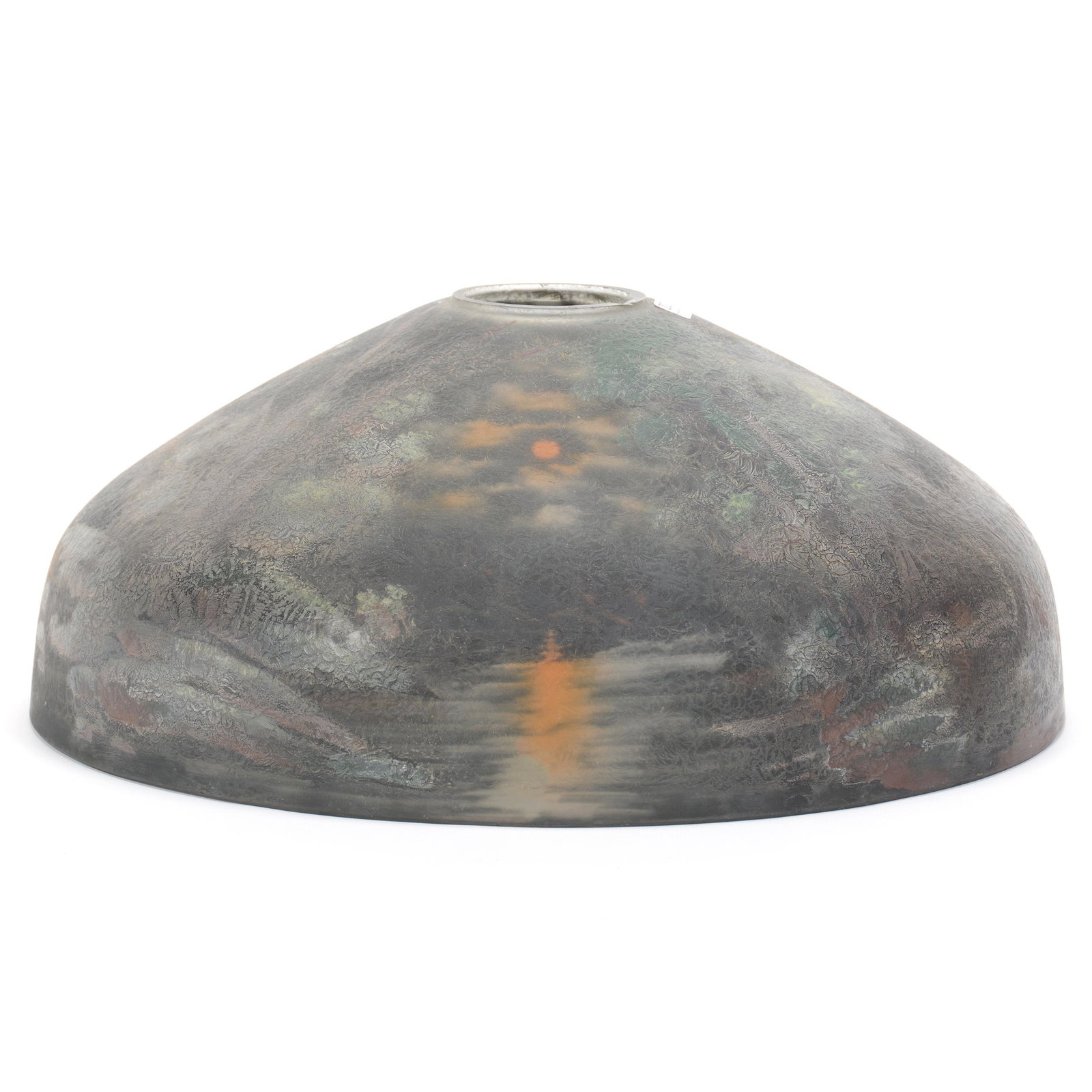 Pittsburgh Reverse Painted Lamp Shade, Unmarked: Pittsburgh Reverse Painted Lamp Shade, Unmarked, 7.5" x 18" diameter, Fitter Measurement is 2 7/8", Night Scene Of Campfire In Forest, Excellent Condition, Some Chipping On Inner Ring Which Would Be C