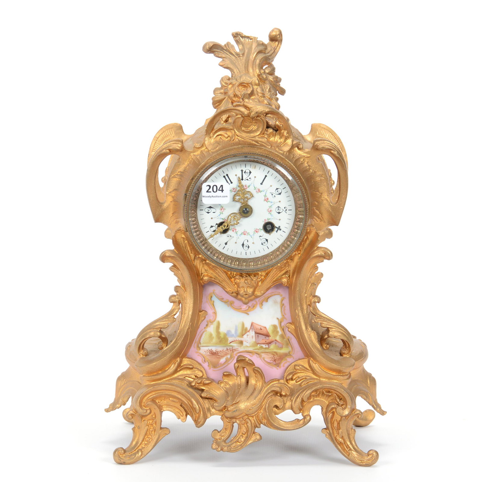 French Mantel Clock: French Mantel Clock, 14" x 9", Elaborate Gilt Metal Case, Hand Painted Porcelain Panel Insert With Cottage Decor, Beveled Glass Door, No Pendulum, Finial Needs Repair, Private Estate Collection, TX. U