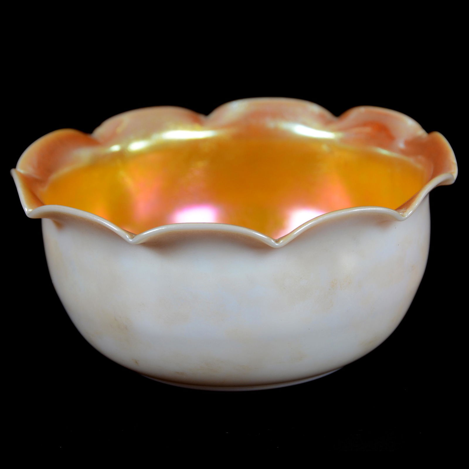 Finger Bowl, Steuben Gold Calcite Art Glass: Finger Bowl, Steuben Gold Calcite Art Glass, 2.25" x 5", Unmarked, Ruffled Rim, Private Estate Collection, TX