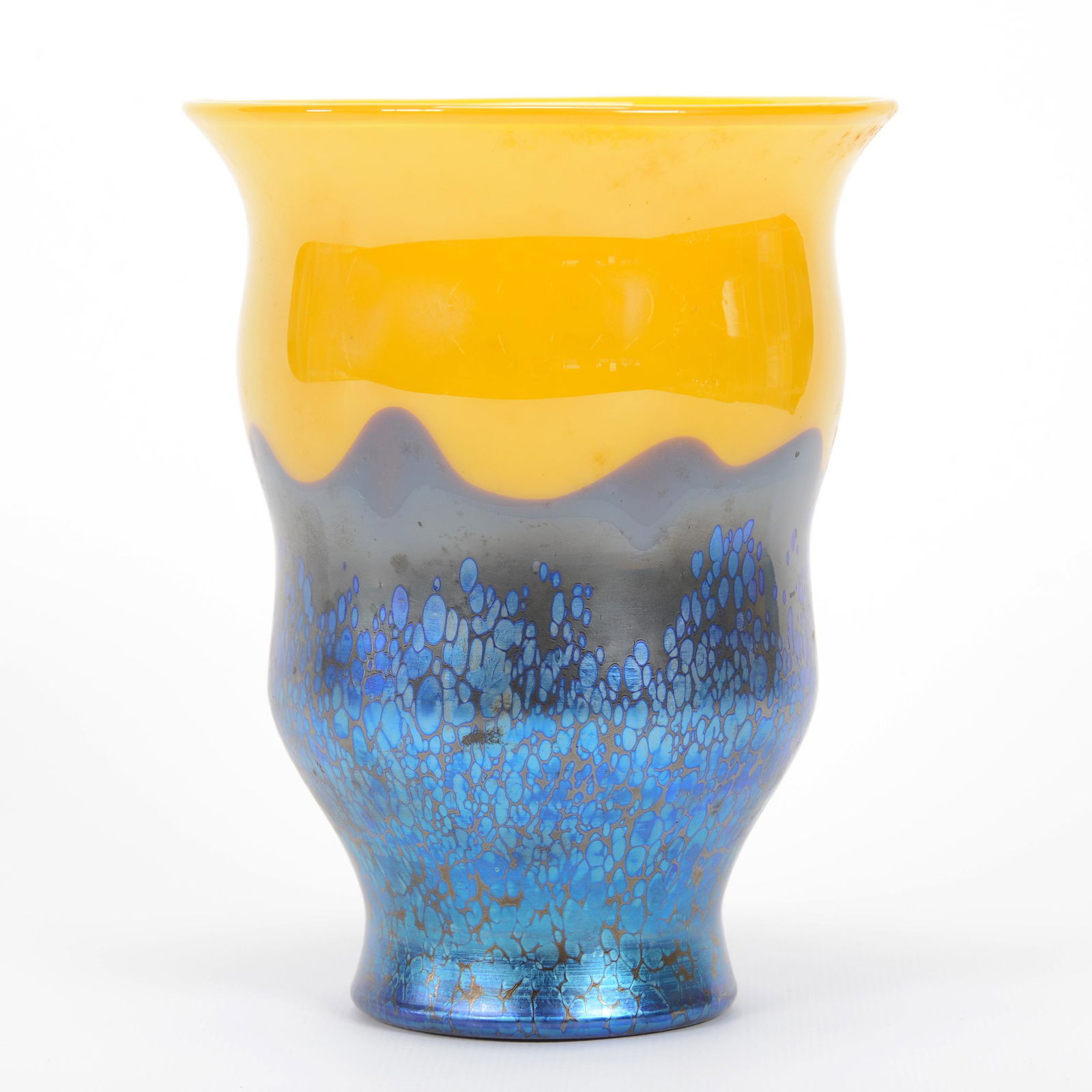 Vase, Unmarked Loetz Ausfuehrung 226 Art Glass: Vase, Unmarked Loetz Ausfuehrung 226 Art Glass, 6.5" x 5", Circa 1925, Beautiful Yellow With Blue Oilspot Design, Small Interior Open Bubble, Private Estate Collection, TX