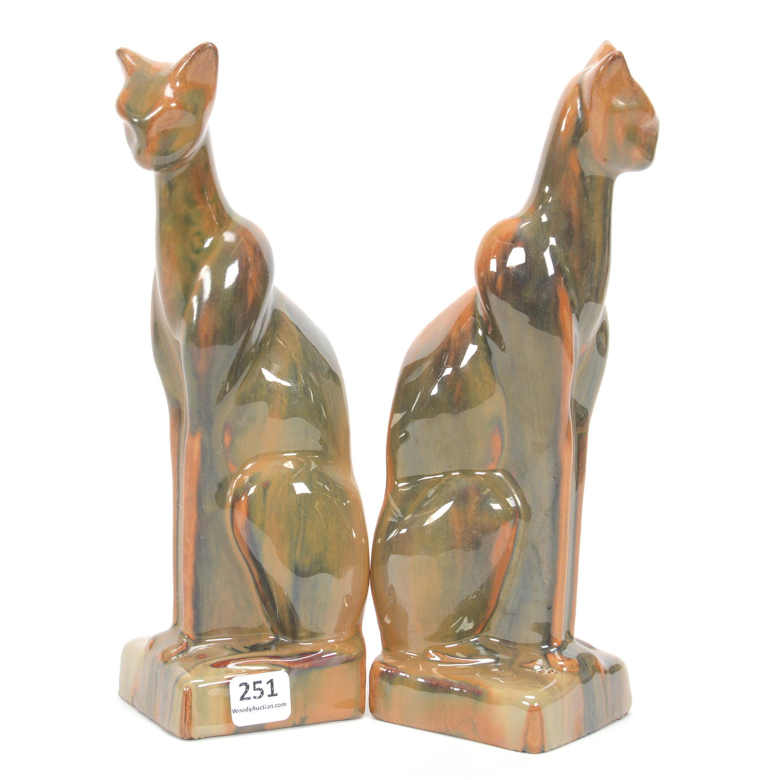 Pair Figural Bookends, Fulper Pottery: Pair Figural Bookends, Fulper Pottery, 9.5", Cat Sitting At Attention, Brown And Green Glaze, Each Has Original Fulper Label, Private Estate Collection, TX