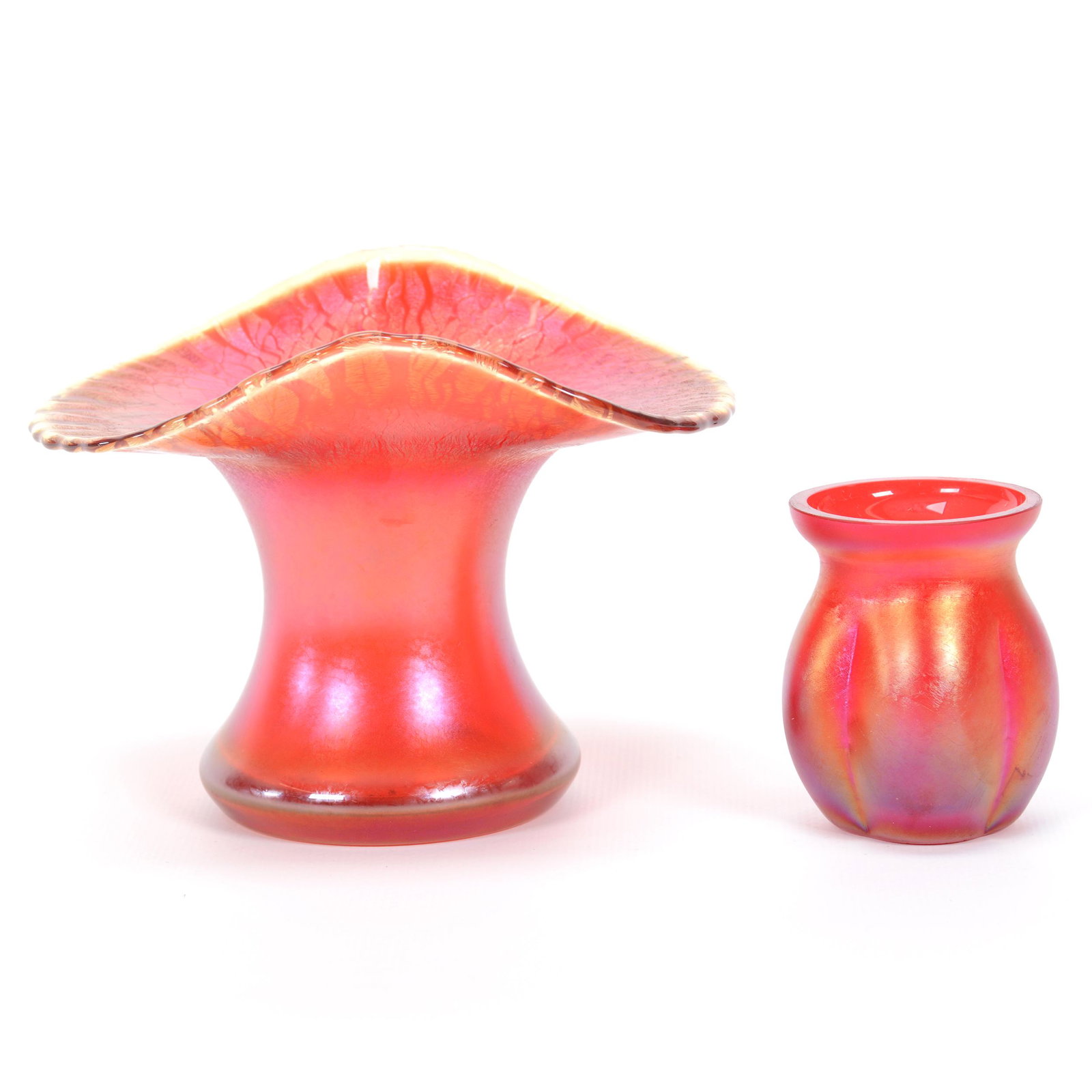 (2) Red Iridescent Art Glass Vases: (2) Red Iridescent Art Glass Vases, (1) 4.25" x 5.5", West German Stretch Glass, Polished Pontil Base, (1) 2.5" x 2.25", Melon Ribbed, Circa 1960's-1970's, Private Estate Collection, TX. UPDATED 1-20-