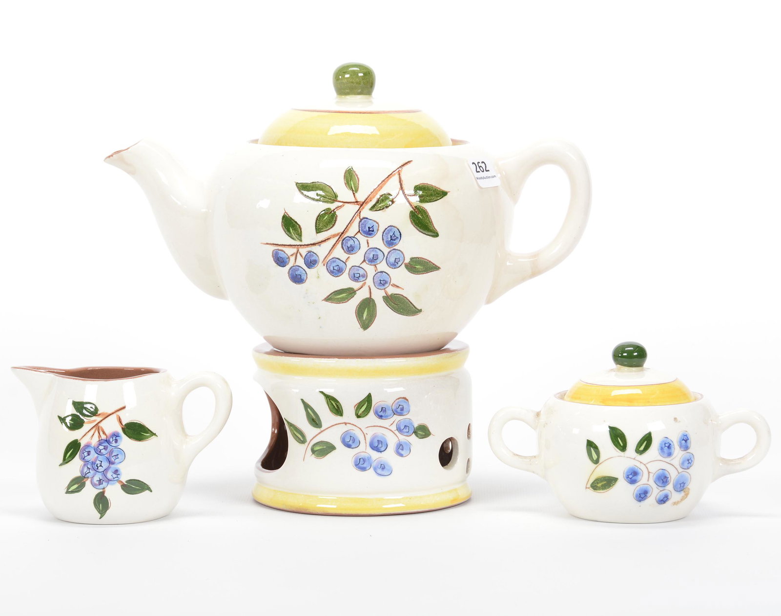 (4) Stangl Pottery Items, Blueberry Pattern: (4) Stangl Pottery Items, Blueberry Pattern, (1) 6.25" Tea Pot, (1) Creamer & Covered Sugar Set, (1) 3.25" x 4.75" Candle Warmer, Private Estate Collection, TX
