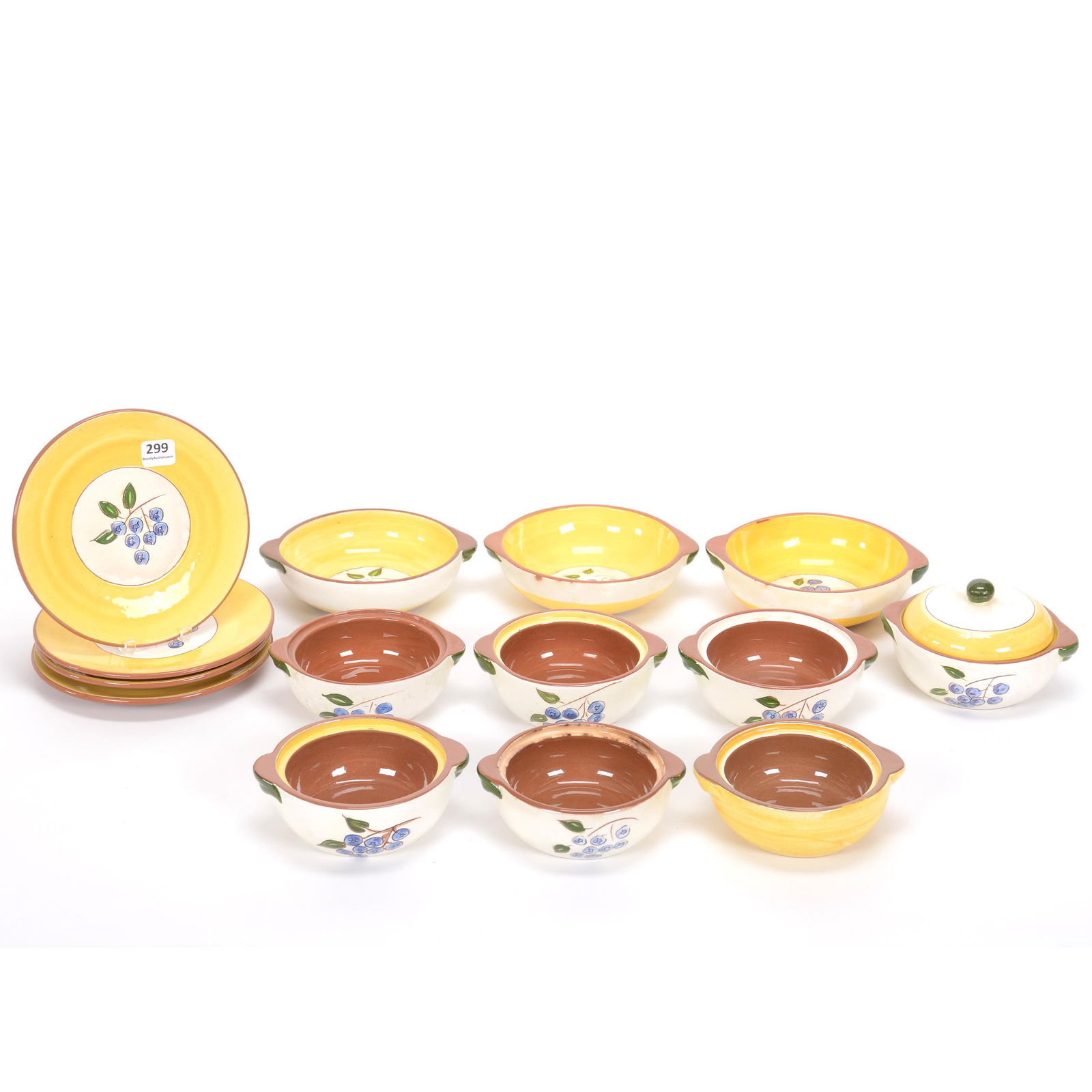 (14) Stangl Pottery Items, Blueberry Pattern: (14) Stangl Pottery Items, Blueberry Pattern, (4) 6.25" Plates, (3) 6" Two Handled Bowls, (1) 3" x 5" Covered Dish, (6) 5" Dishes Missing Lids, Private Estate Collection, TX