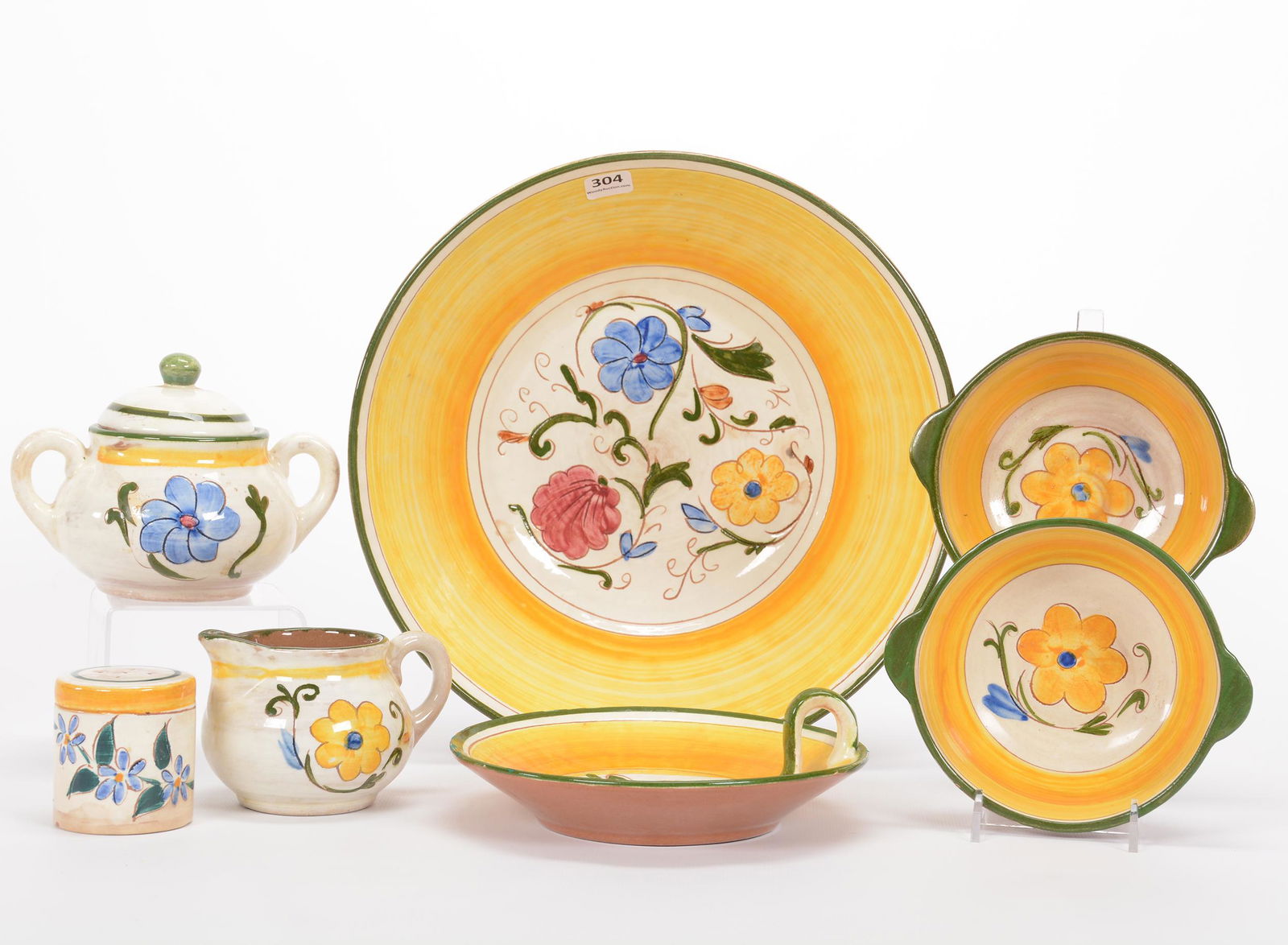 (6) Stangl Della-Ware Items, Laurita Pattern: (6) Stangl Della-Ware Items, Laurita Pattern, (1) 3.5" x 11.25" Bowl, (1) 7" Handled Nappy, Some Glaze Loss On Edge, (2) 6" Handled Bowls, (1) Salt Shaker, (1) Creamer & Covered Sugar Set, Private Est