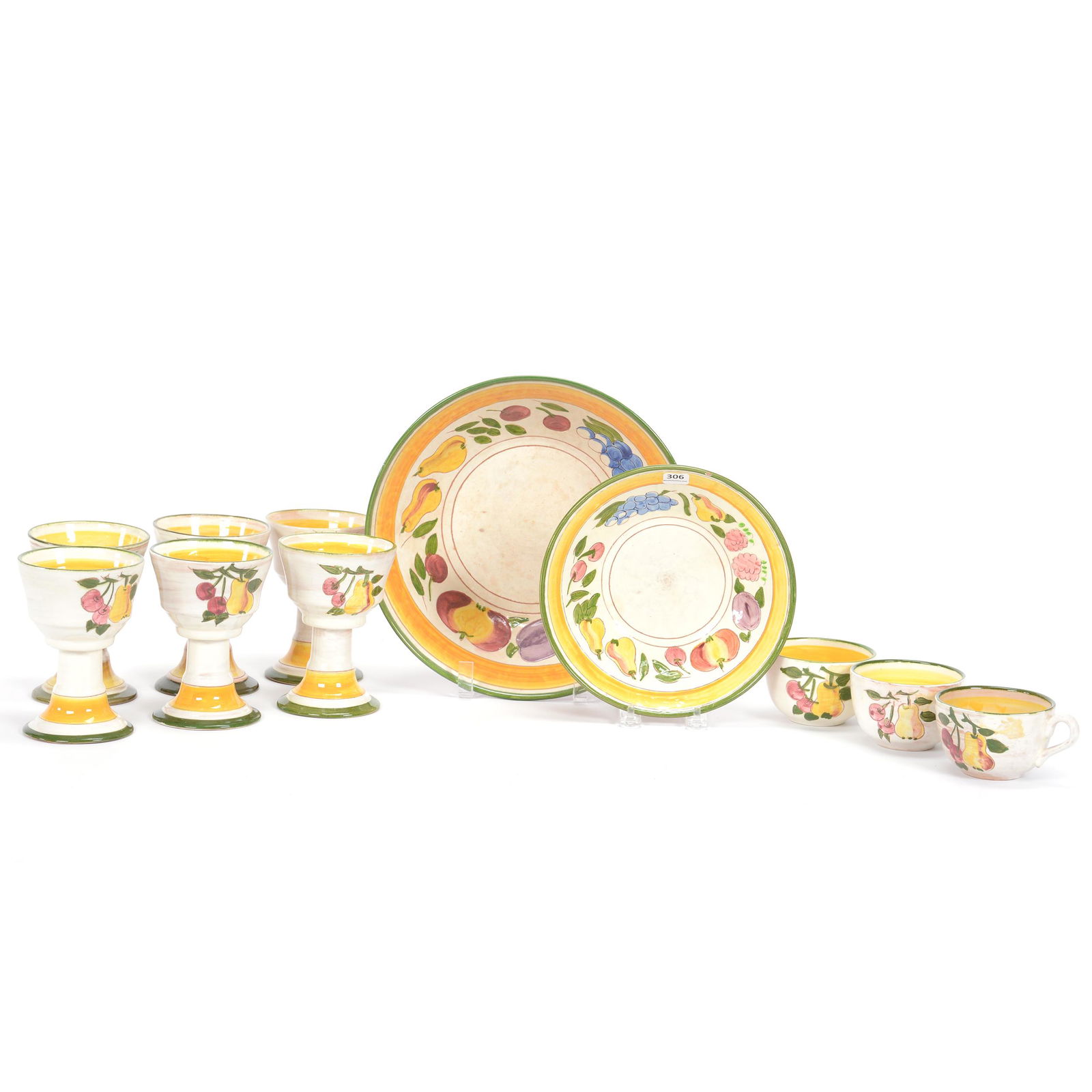 (11) Stangl Della-Ware Items, Festival Pattern: (11) Stangl Della-Ware Items, Festival Pattern, (1) 3.5" x 11.25" Bowl, (1) 2.5" x 8.75" Bowl, Glaze Nick, (6) 5.75" Goblets, (3) Coffee Cups, Private Estate Collection, TX