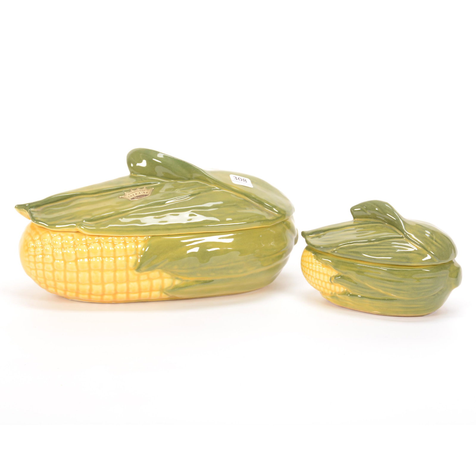 (2) Covered Casseroles, Shawnee Pottery Corn King: (2) Covered Casseroles, Shawnee Pottery Corn King, (1) 5.75" x 10.5", Large, #74, Original Paper Label, (1) 4" x 6" Individual #73, Private Estate Collection, TX
