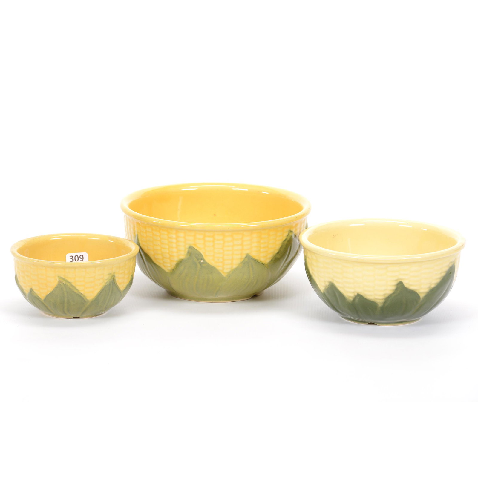 (3) Pc. Mixing Bowl Set, Shawnee Pottery Corn King: (3) Pc. Mixing Bowl Set, Shawnee Pottery Corn King, (1) 3.75" x 7.75", #8, (1) 3.25" x 6.25", #6, (1) 2.5" x 5", #5, Private Estate Collection, TX