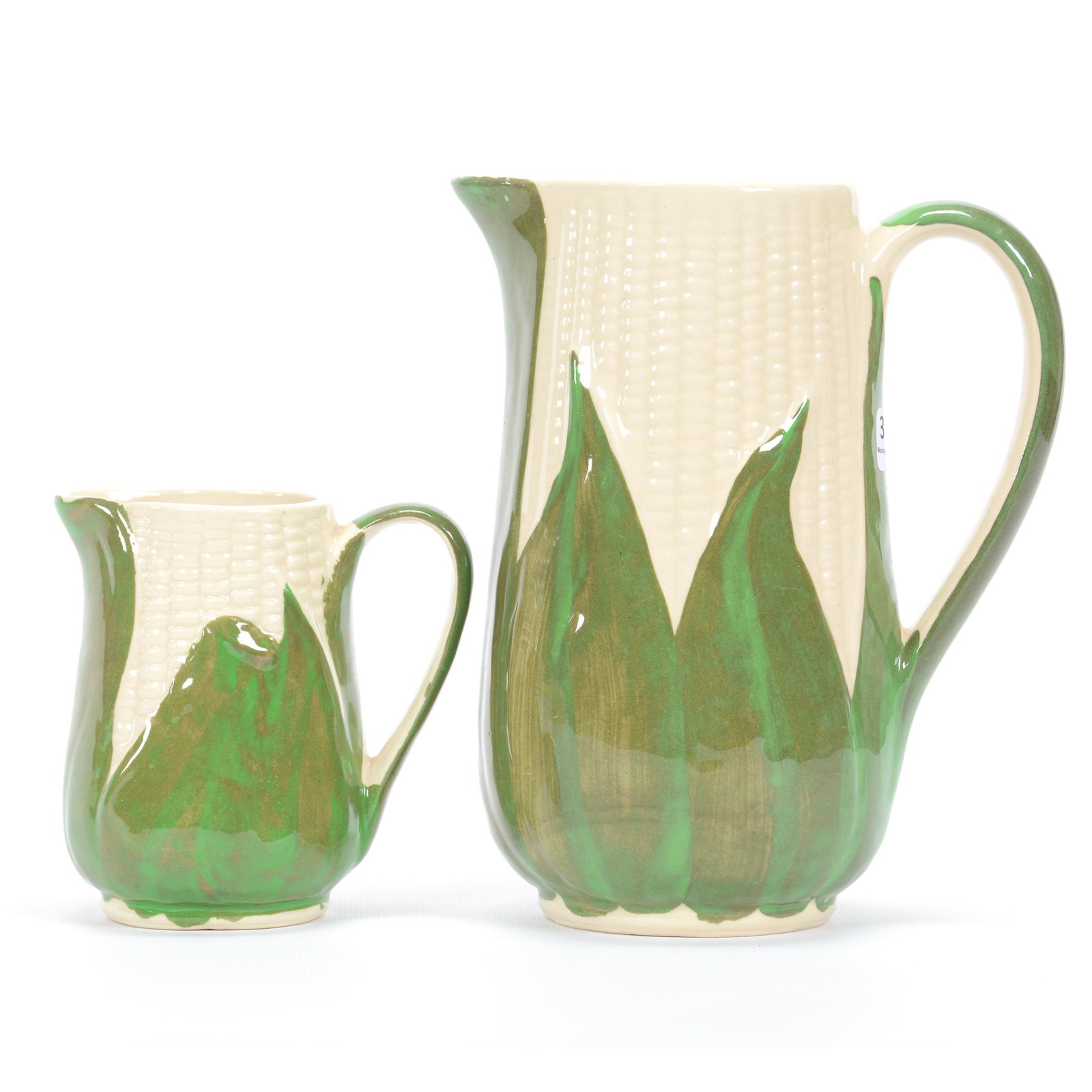 (2) Pitchers, Shawnee Pottery Corn Queen: (2) Pitchers, Shawnee Pottery Corn Queen, (1) 8.25", One Quart, (1) 4.75", Private Estate Collection, TX
