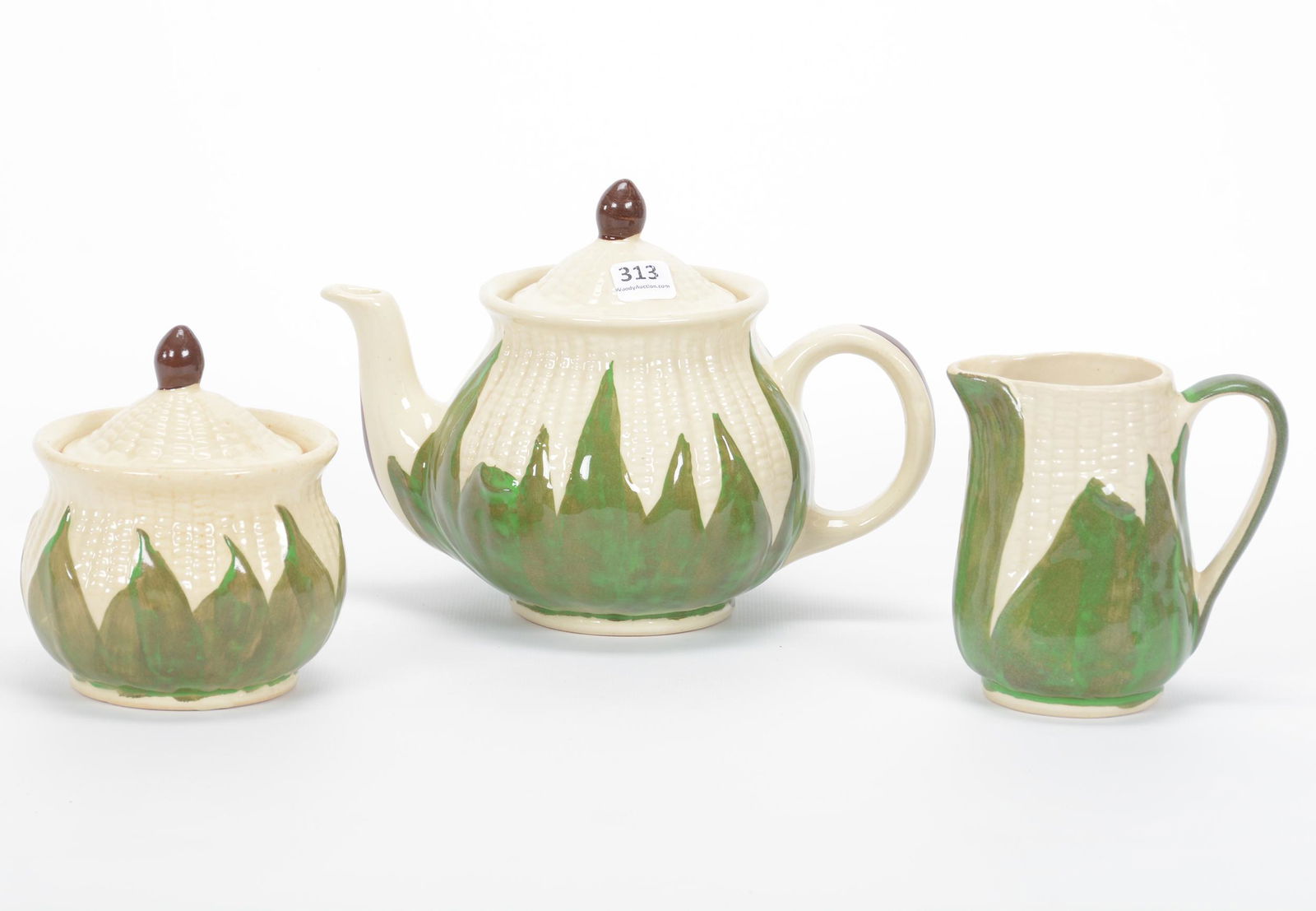 (3) Pc. Tea Set, Shawnee Pottery Corn Queen: (3) Pc. Tea Set, Shawnee Pottery Corn Queen, (1) 6.5" x 9" Teapot, 30 Oz, (1) Creamer & Covered Sugar Set, Private Estate Collection, TX