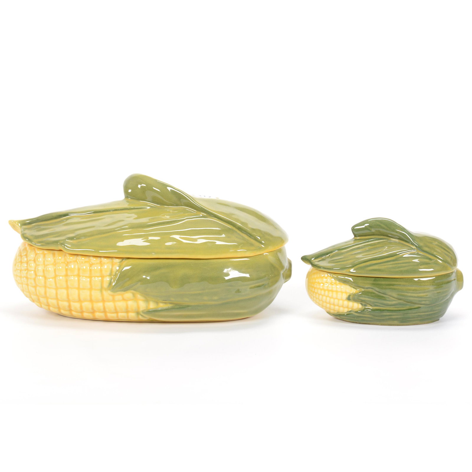 (2) Covered Casseroles, Shawnee Pottery Corn King: (2) Covered Casseroles, Shawnee Pottery Corn King, (1) 5.75" x 10.5", Large, #74, (1) 4" x 6" Individual #73, Private Estate Collection, TX