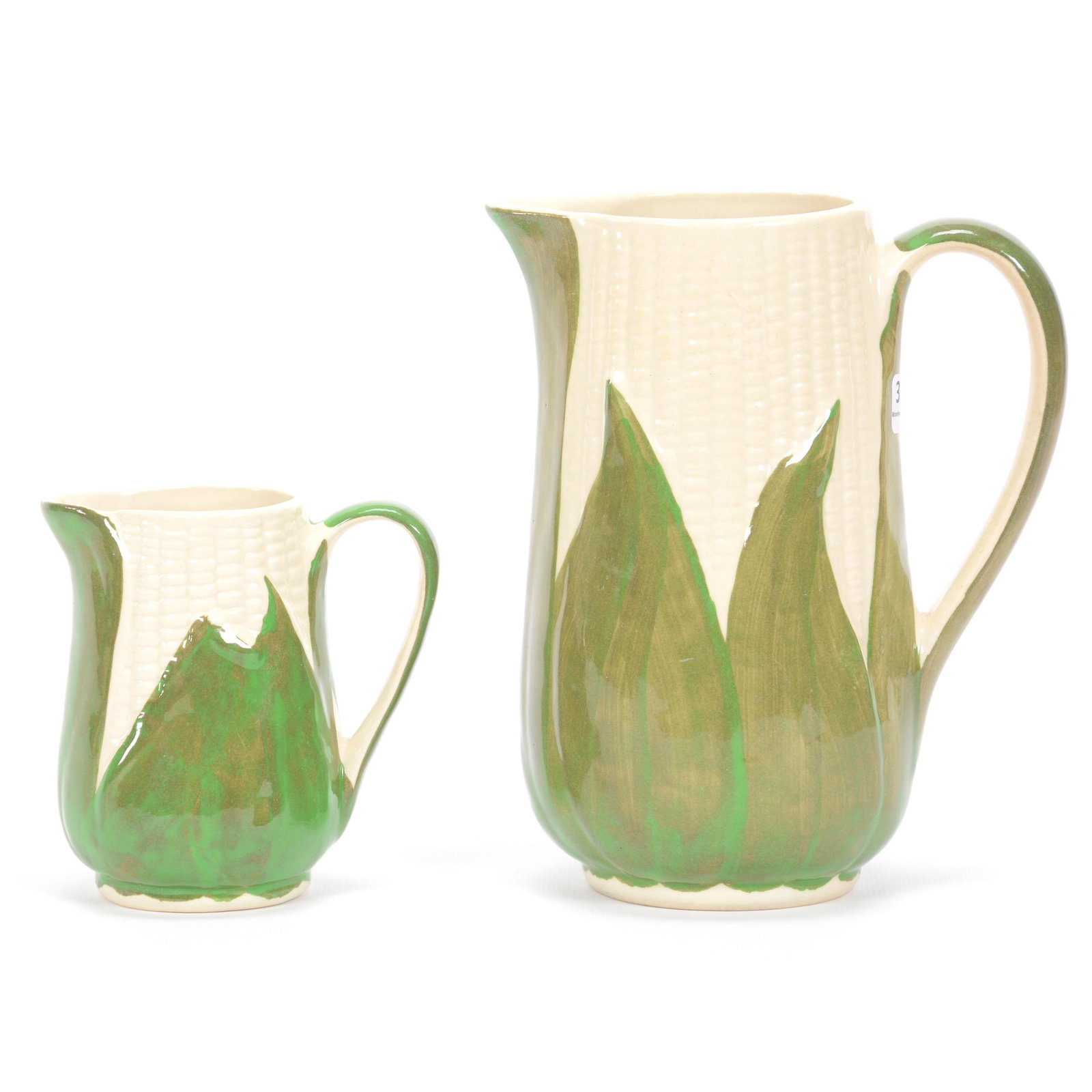 (2) Pitchers, Shawnee Pottery Corn Queen: (2) Pitchers, Shawnee Pottery Corn Queen, (1) 8", One Quart, (1) 4.75", Private Estate Collection, TX