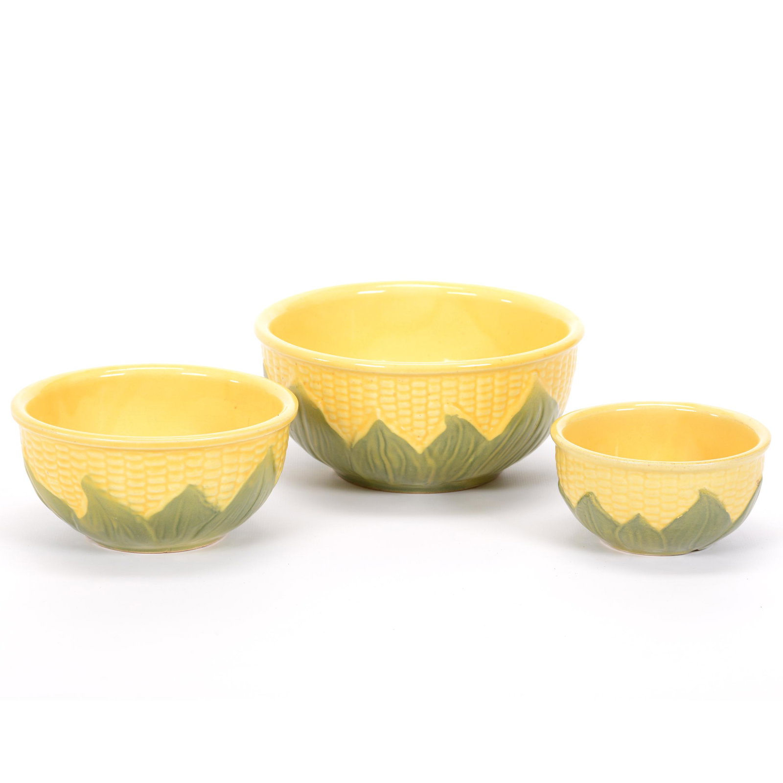 (3) Pc. Mixing Bowl Set, Shawnee Pottery Corn King: (3) Pc. Mixing Bowl Set, Shawnee Pottery Corn King, (1) 3.75" x 8", #8, (1) 3.25" x 6.5", #6, (1) 2.5" x 5", #5, Private Estate Collection, TX