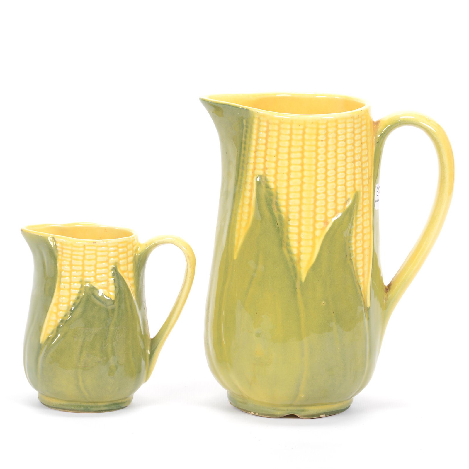(2) Pitchers, Shawnee Pottery Corn King: (2) Pitchers, Shawnee Pottery Corn King, (1) 8.25", One Quart, #71, (1) 4.75", #70, Private Estate Collection, TX