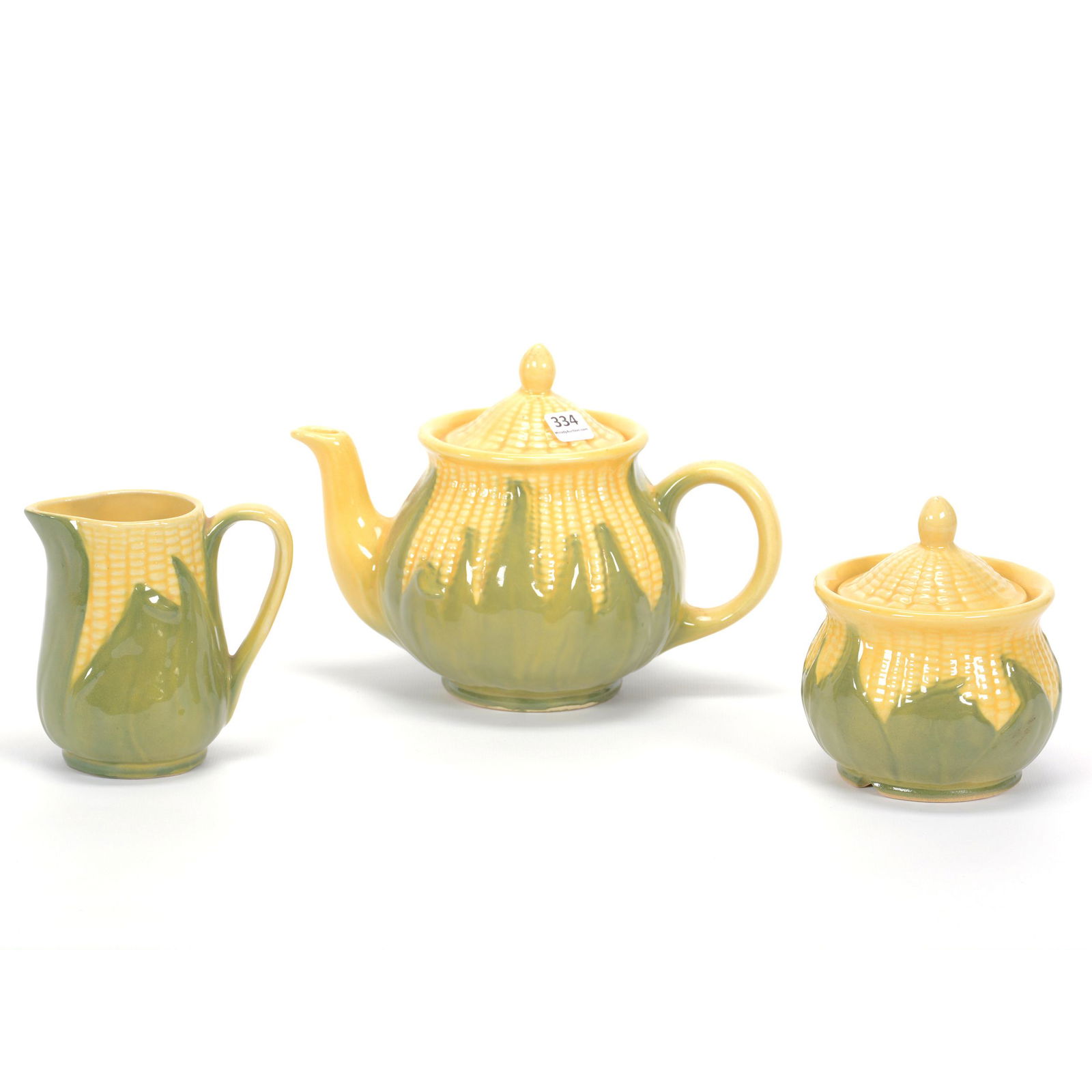 (3) Pc. Tea Set, Shawnee Pottery Corn King: (3) Pc. Tea Set, Shawnee Pottery Corn King, (1) 6.5" x 9" Teapot, #75, (1) Creamer #70 & Covered Sugar #78 Set, Private Estate Collection, TX