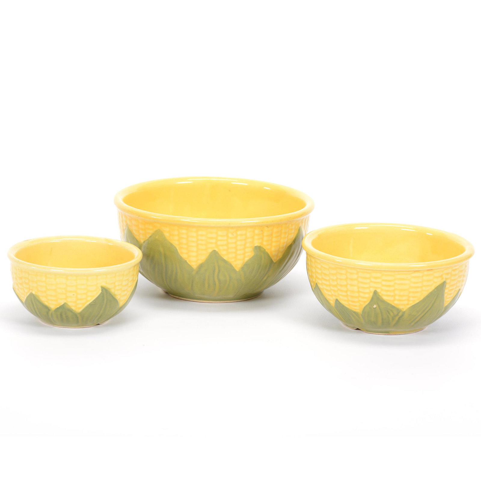 (3) Pc. Mixing Bowl Set, Shawnee Pottery Corn King: (3) Pc. Mixing Bowl Set, Shawnee Pottery Corn King, (1) 3.75" x 8", #8, (1) 3.25" x 6.5", #6, (1) 2.5" x 5", #5, Private Estate Collection, TX