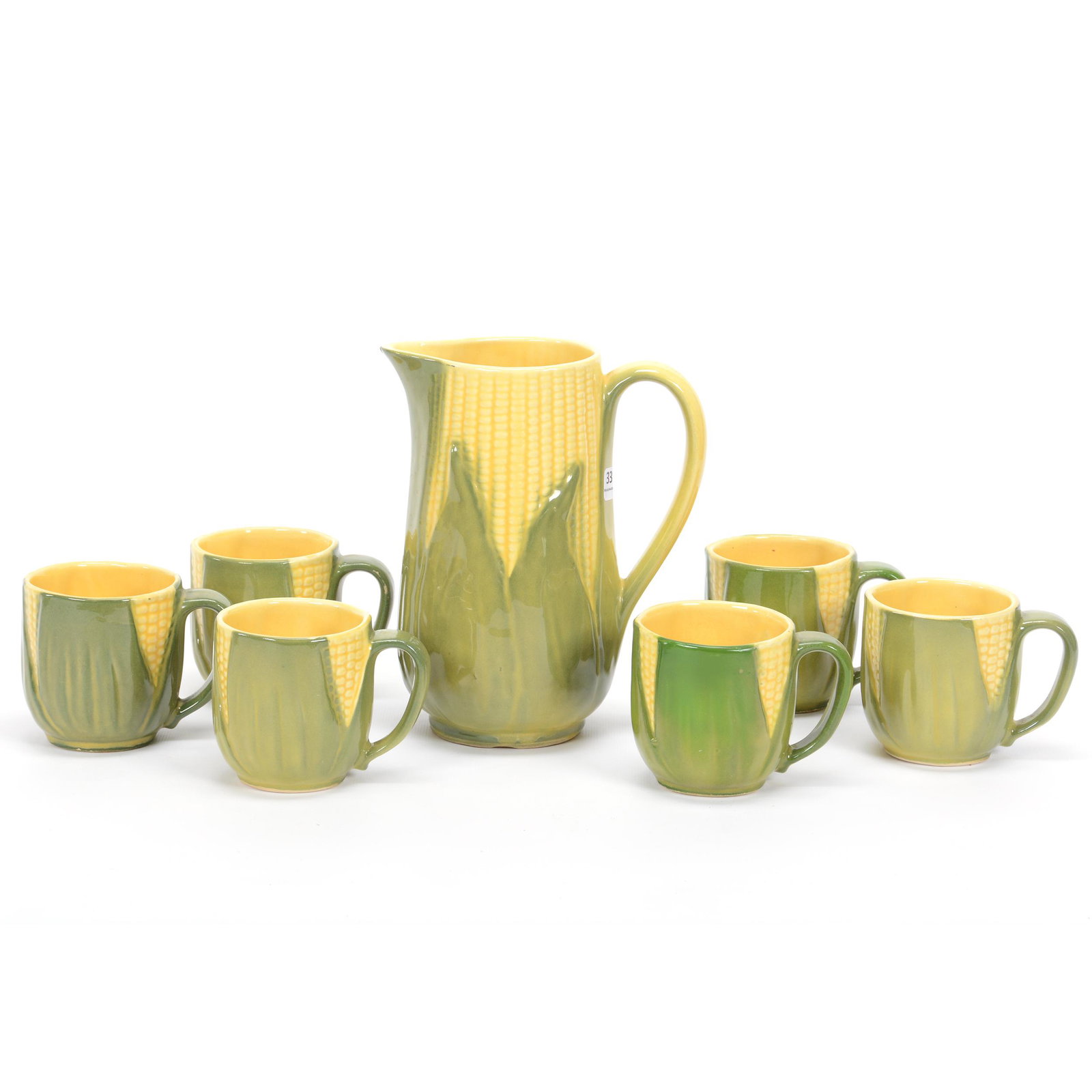 Pitcher & Mugs, Shawnee Pottery Corn King: Pitcher & Mugs, Shawnee Pottery Corn King, (1) 8.25" One Quart #71, (6) Mugs #69, Private Estate Collection, TX