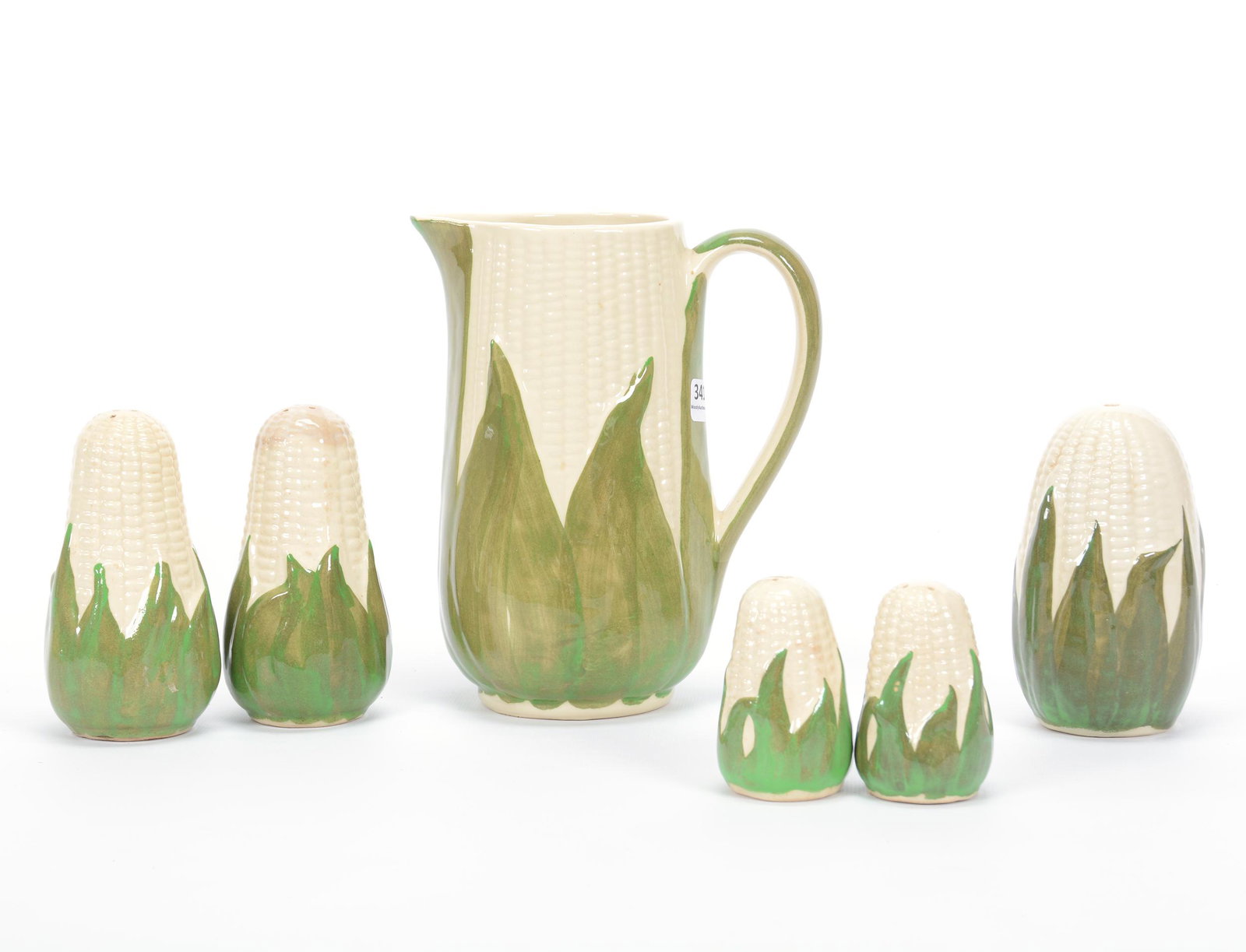 (6) Assorted Items, Shawnee Pottery Corn Queen: (6) Assorted Items, Shawnee Pottery Corn Queen, (1) 8.25" One Quart Pitcher, (1) 5.25" Sugar Shaker, (1) 5.25" Salt/Pepper Set, (1) 3.25" Salt/Pepper Set, Private Estate Collection, TX