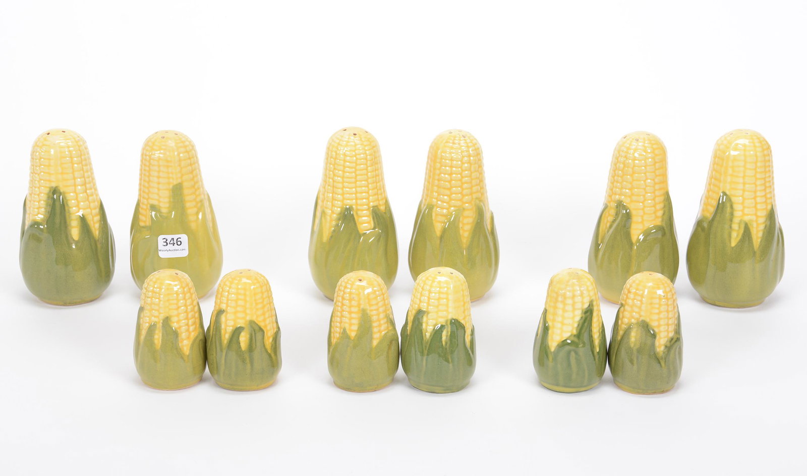 (12) Salt/Pepper Shakers, Shawnee Pottery Corn King: (12) Salt/Pepper Shakers, Shawnee Pottery Corn King, (3) Pair 5.25", (3) Pair 3.25", Private Estate Collection, TX