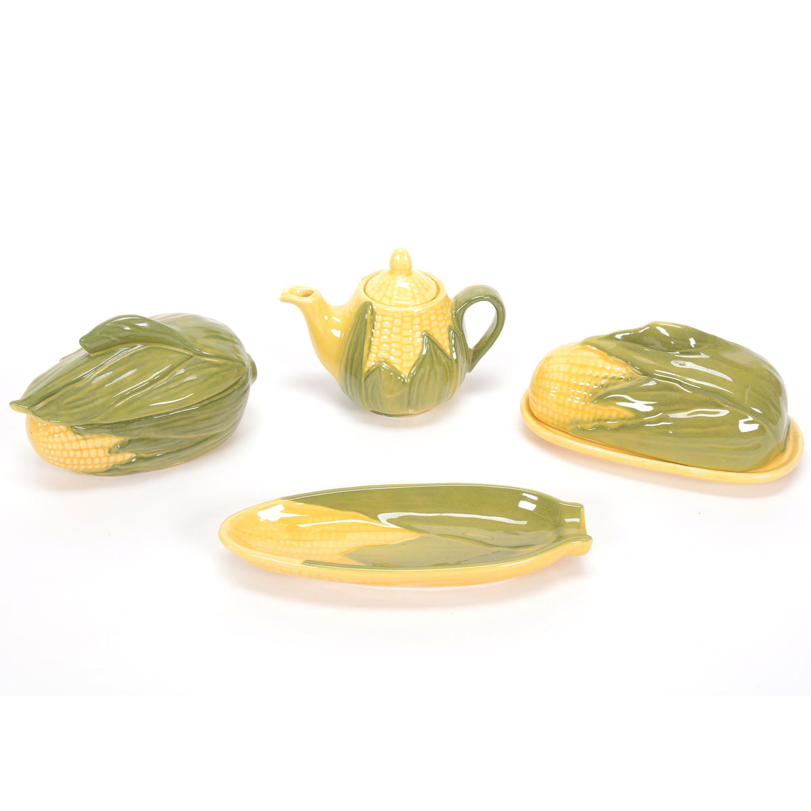 (4) Assorted Items, Shawnee Pottery Corn King: (4) Assorted Items, Shawnee Pottery Corn King, (1) 4.5" x 6" Teapot, #65, (1) 4" x 6" Covered Dish #73, (1) 3.75" x 7.5" Butterdish #72, (1) 8.5" Corn Cob Roller Dish #79, Private Estate Collection, T