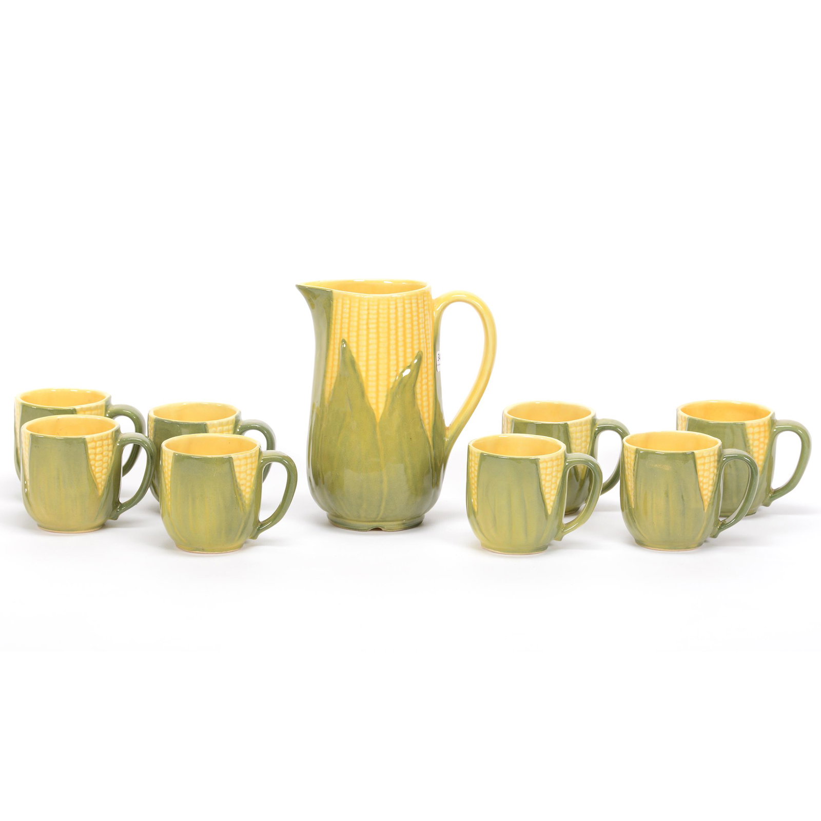 (9) Pc Pitcher & Mug Set, Shawnee Pottery Corn King: (9) Pc Pitcher & Mug Set, Shawnee Pottery Corn King, (1) 8.25" One Quart Pitcher #71, (8) Mugs #69, Private Estate Collection, TX