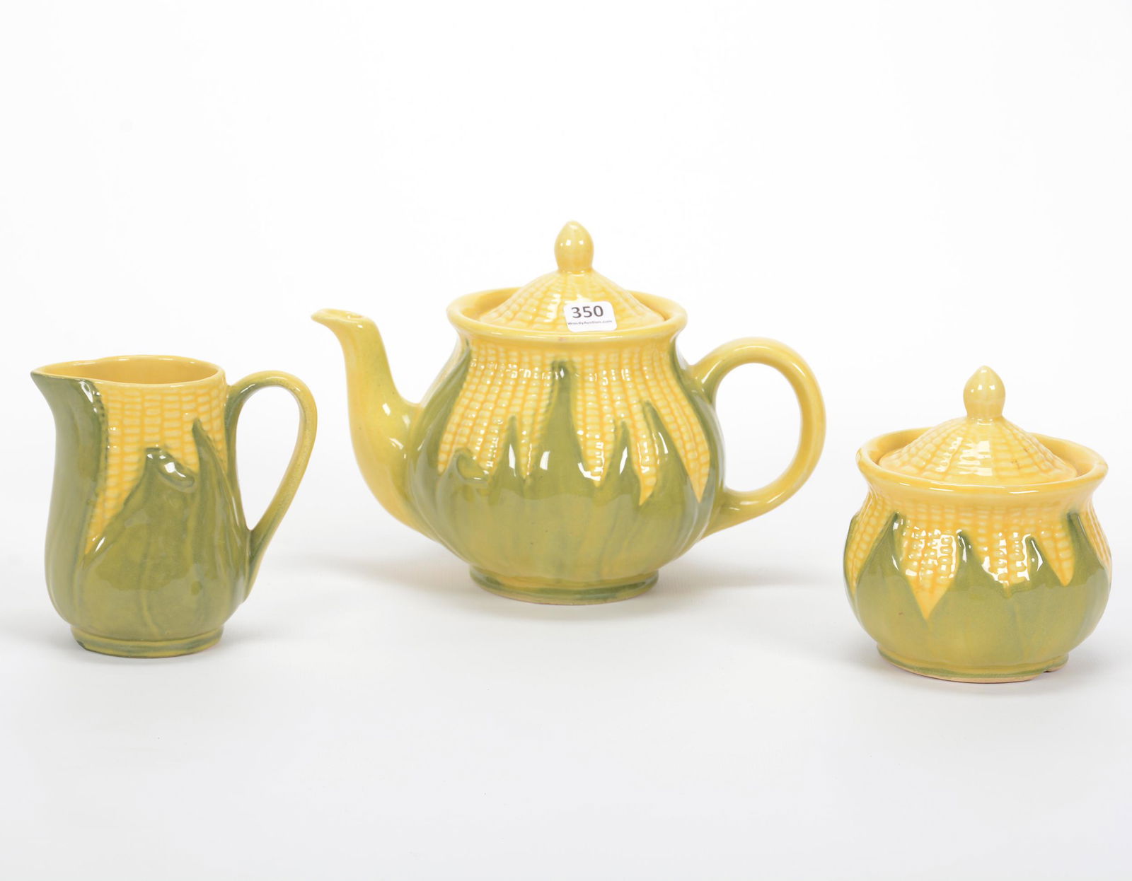 (3) Pc. Tea Set, Shawnee Pottery Corn King: (3) Pc. Tea Set, Shawnee Pottery Corn King, (1) 6.5" x 9" Teapot, #75, (1) Creamer #70 & Covered Sugar #78 Set, Private Estate Collection, TX