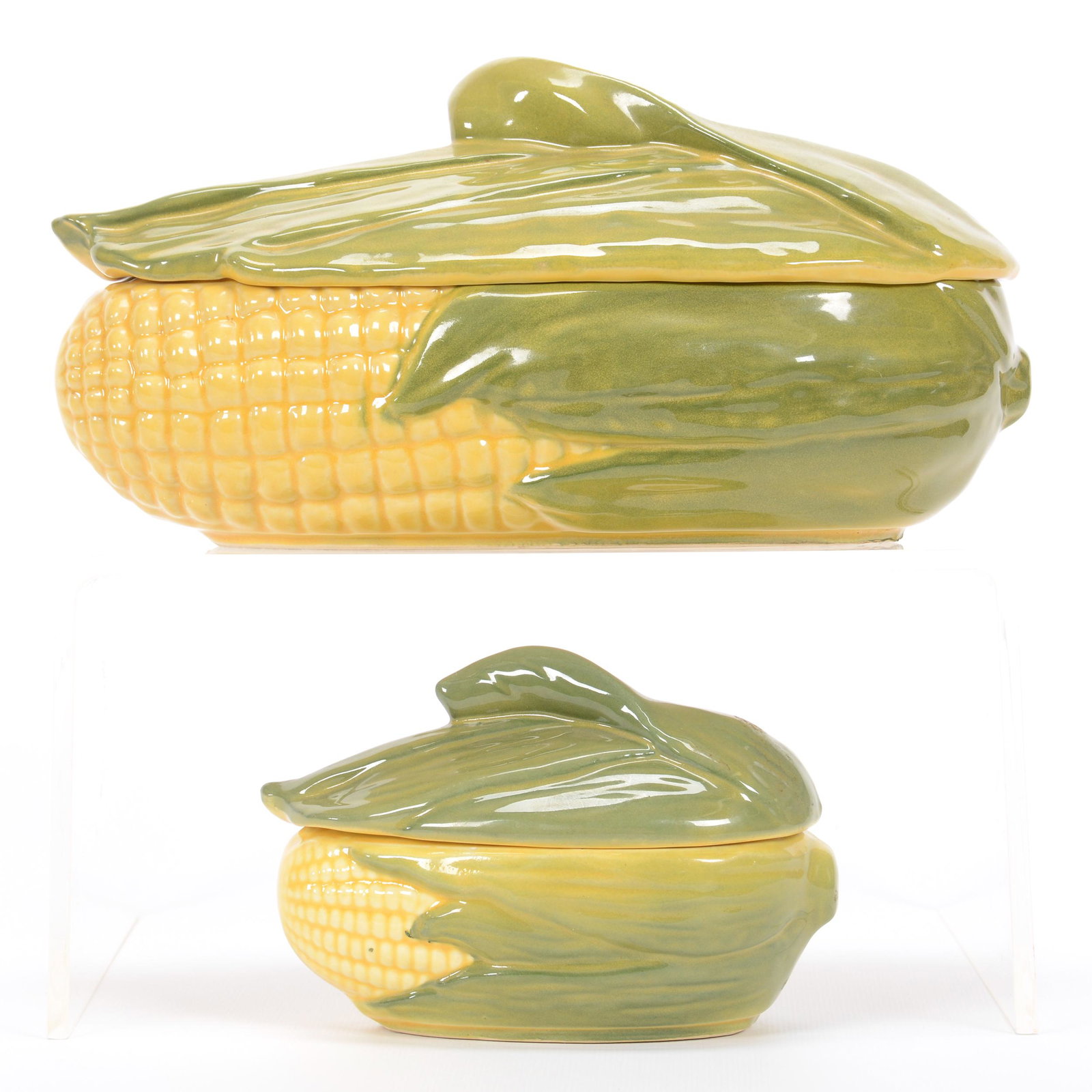 (2) Covered Casseroles, Shawnee Pottery Corn King: (2) Covered Casseroles, Shawnee Pottery Corn King, (1) 5.5" x 10.5" Casserole, #74 (1) 4" x 6", #73, Private Estate Collection, TX
