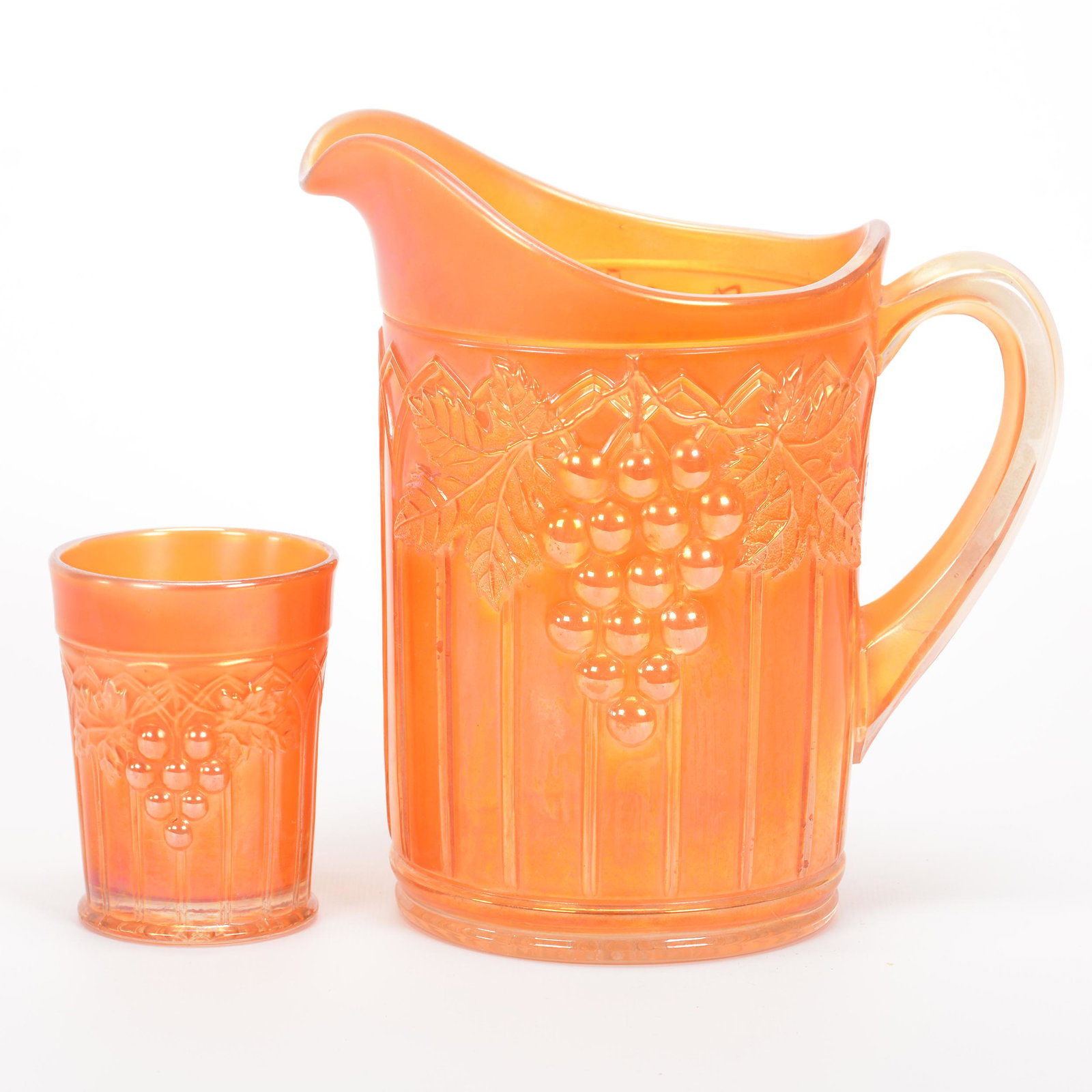 Water Pitcher & Tumbler, Carnival Glass: Water Pitcher & Tumbler, Carnival Glass, 8.5", 4", Grape & Gothic Arches By Northwood, Marigold, (1) Pitcher, (1) Tumbler, Private Collection, KS