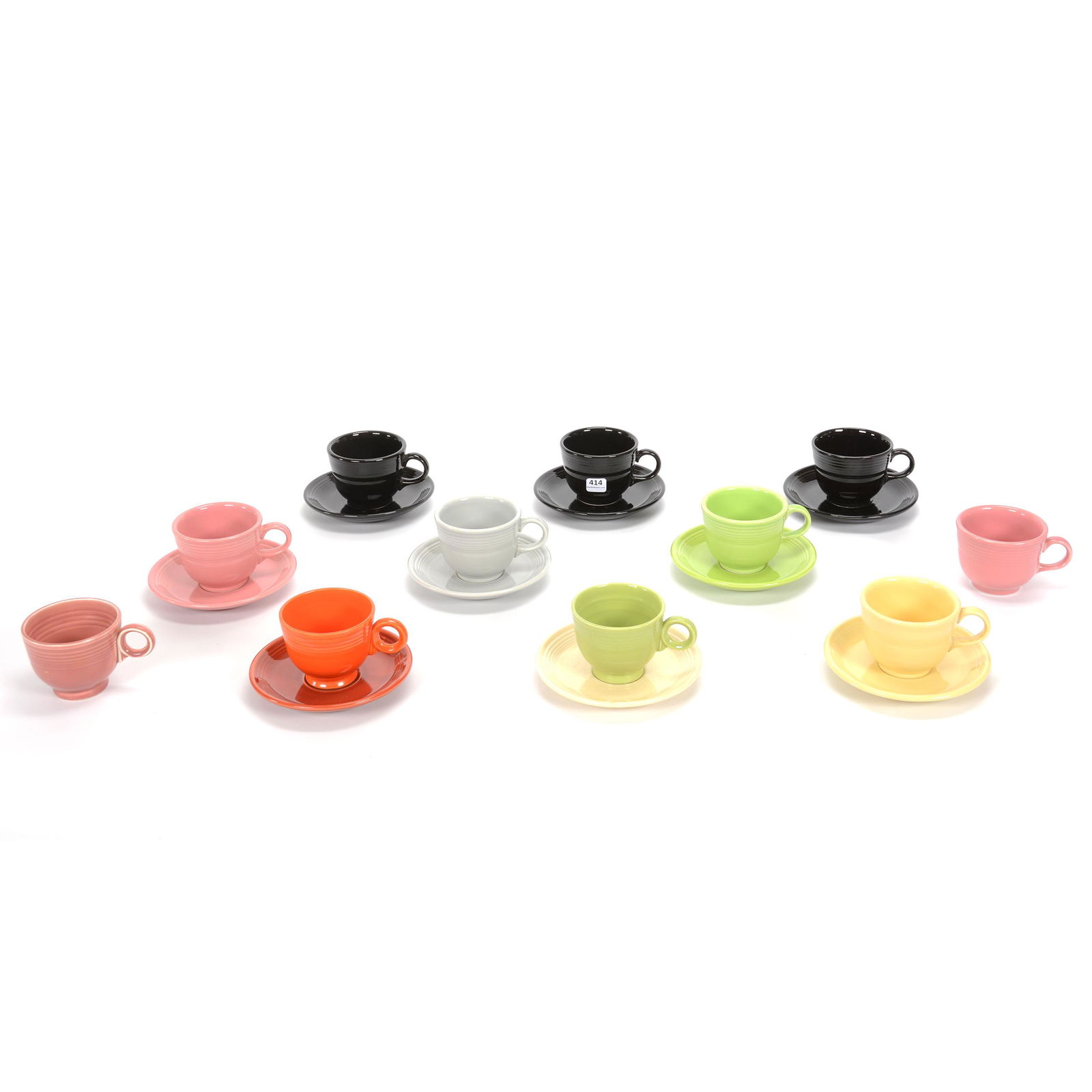 (9) Post-1986 Fiestaware Cups & Saucers: (9) Post-1986 Fiestaware Cups & Saucers, (9) 3.25" Saucers And Cups Plus (2) Extra Cups, Private Collection, KS