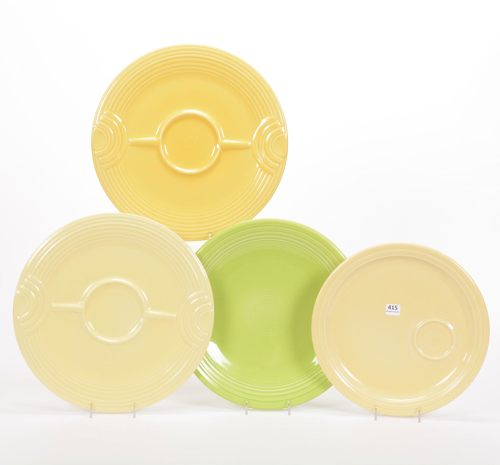 (4) Post-1986 Fiestaware Serving Trays: (4) Post-1986 Fiestaware Serving Trays, (2) 12.25" Hostess Trays, One In Original Box, Yellow, (1) 11.75", Chartreuse, (1) 10.75" With Off-Set Cup Ring, Yellow, Private Collection, KS