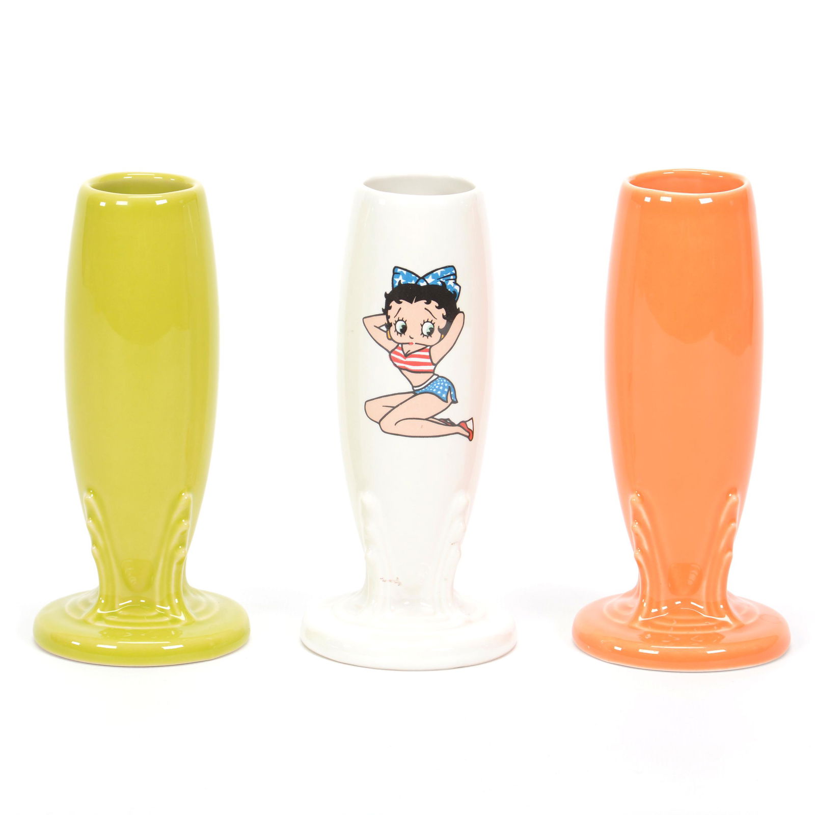 (3) Post-1986 Fiestaware Bud Vases: (3) Post-1986 Fiestaware Bud Vases, 6", Chartreuse, White With Betty Boop, Salmon, Private Collection, KS