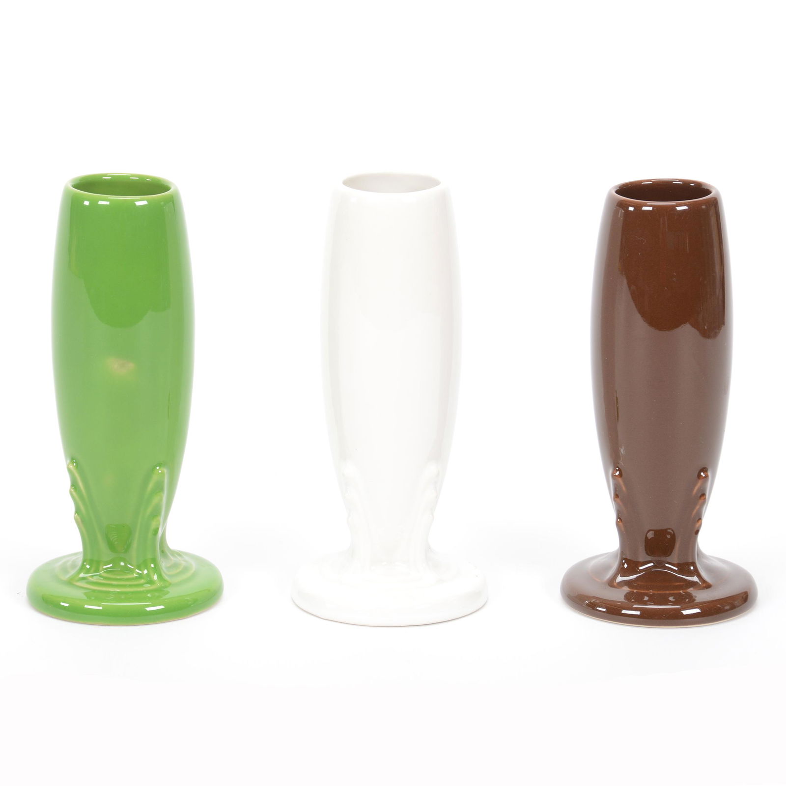 (3) Post-1986 Fiestaware Bud Vases: (3) Post-1986 Fiestaware Bud Vases, 6", Shamrock, Chocolate, White, Private Collection, KS