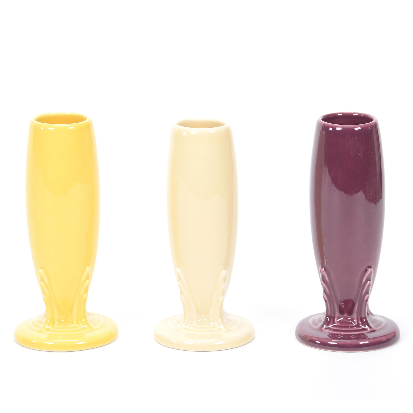 (3) Post-1986 Fiestaware Bud Vases: (3) Post-1986 Fiestaware Bud Vases, 6", Sunflower, Ivory, Plum, Private Collection, KS